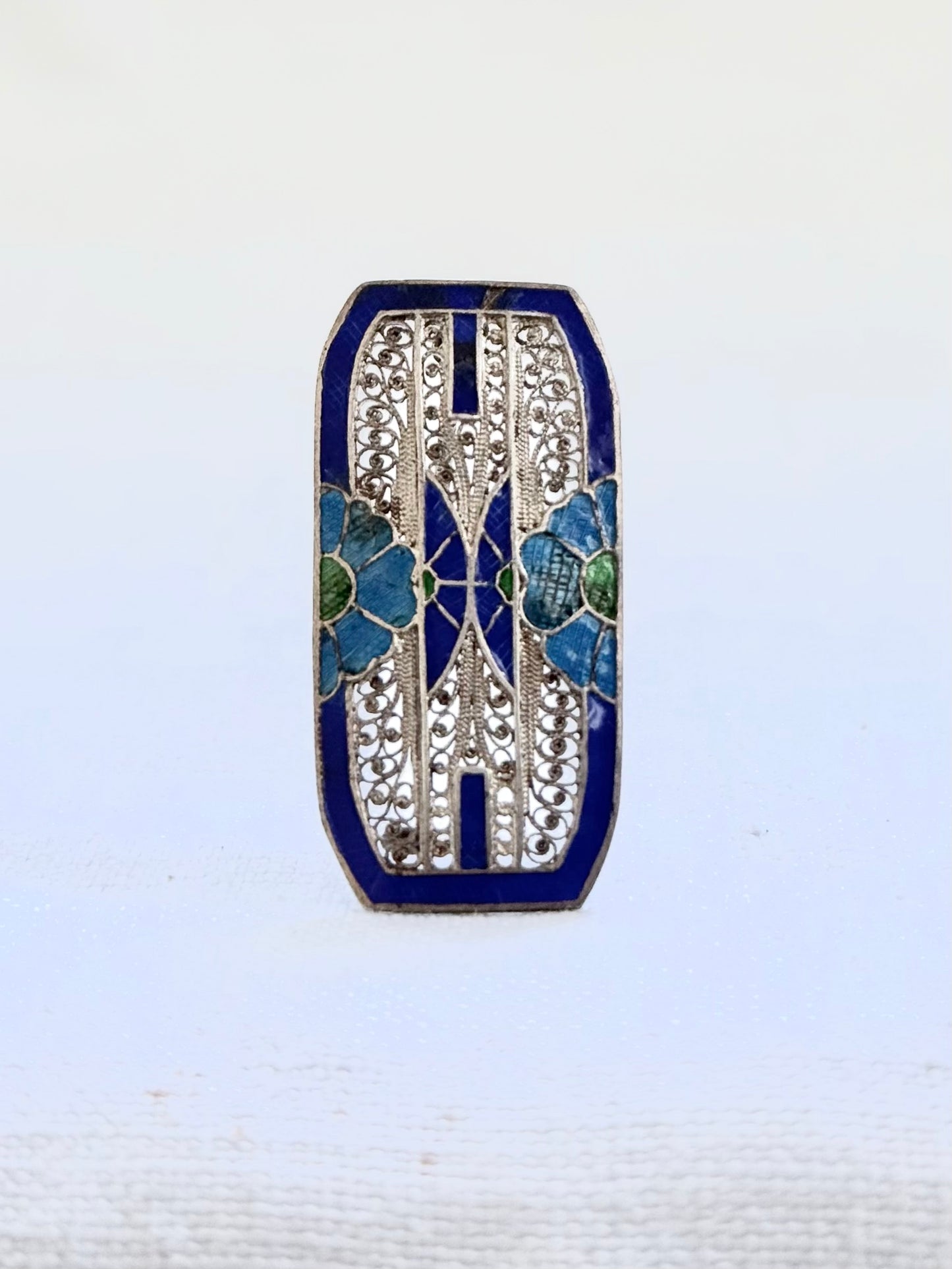 .1920s .1930s Art Deco era Portuguese Enamel and fine silver filigree flower rectangular sweetheart brooch