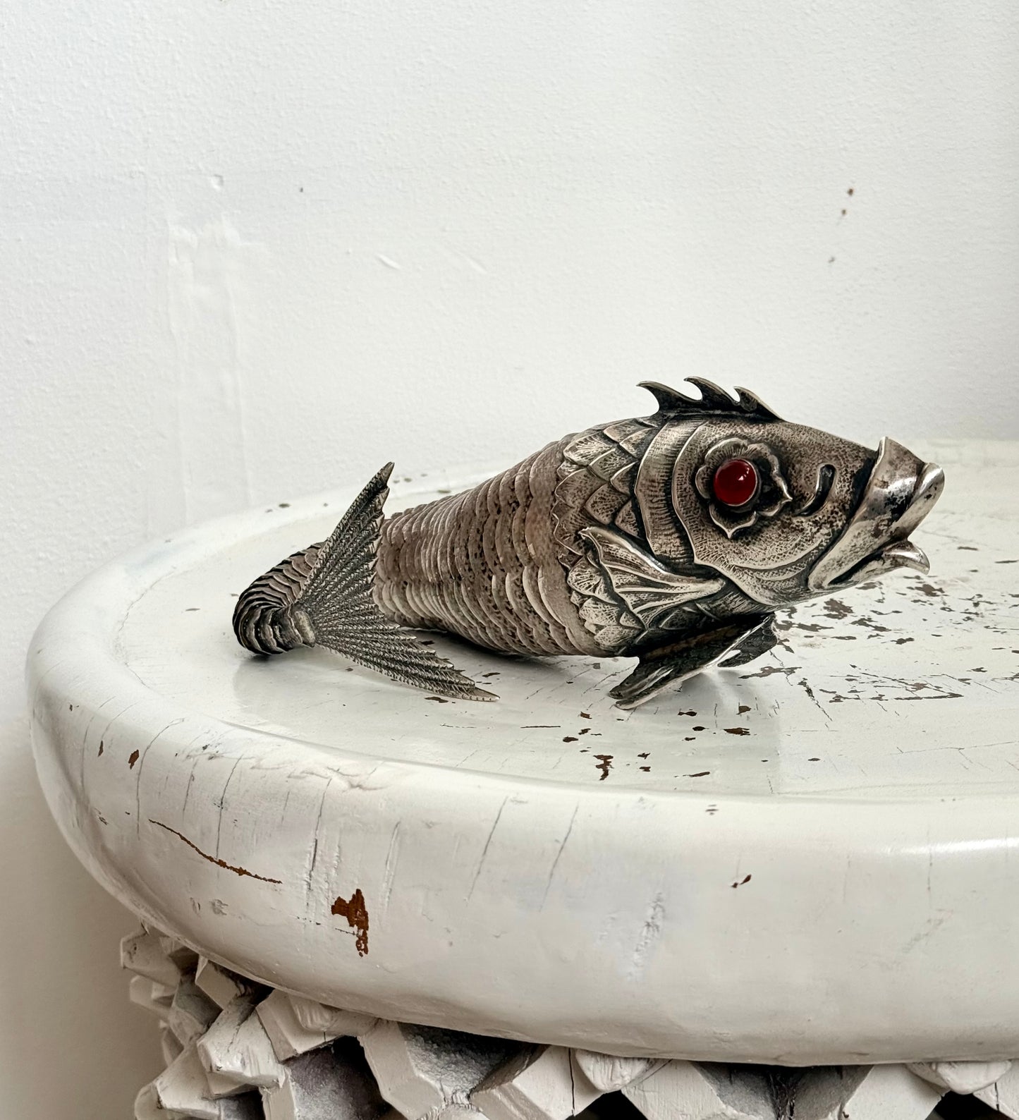 .1940s .915 articulated life sized hand made solid Spanish silver Large and magnificent artisan made Carb Fish rare treasured silver figural art statue