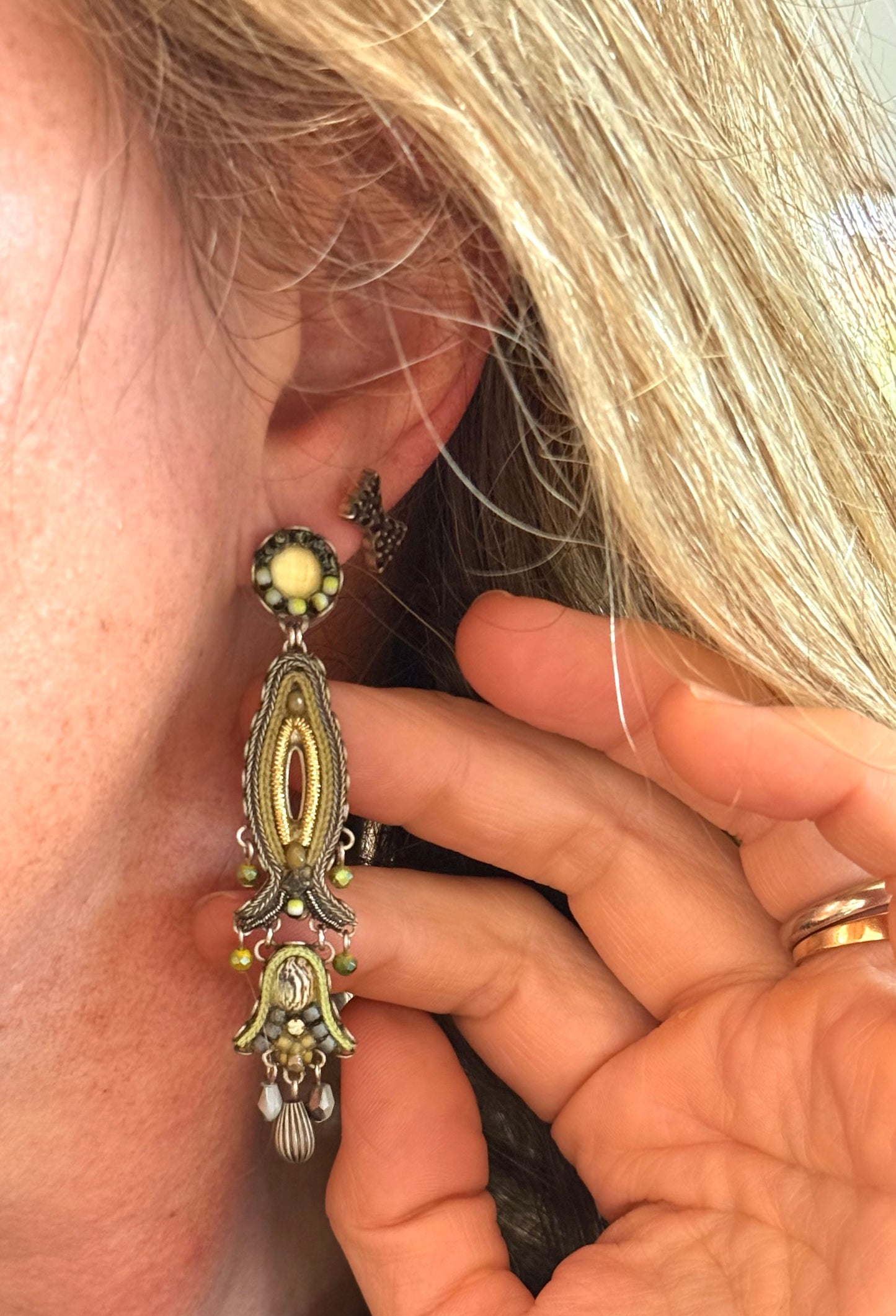 Ayala Bar Designer forest green silver and gold hand made Indigo designer range drop chandelier artisan earrings