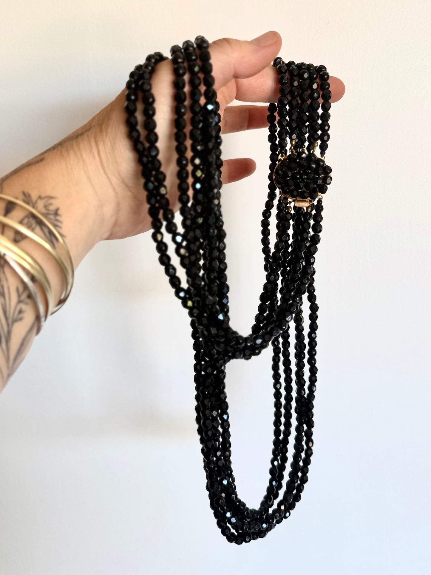 .1940s 1950s .5 strand .96cm long glamorous jet black faceted glass bead multi strand long cocktail necklace
