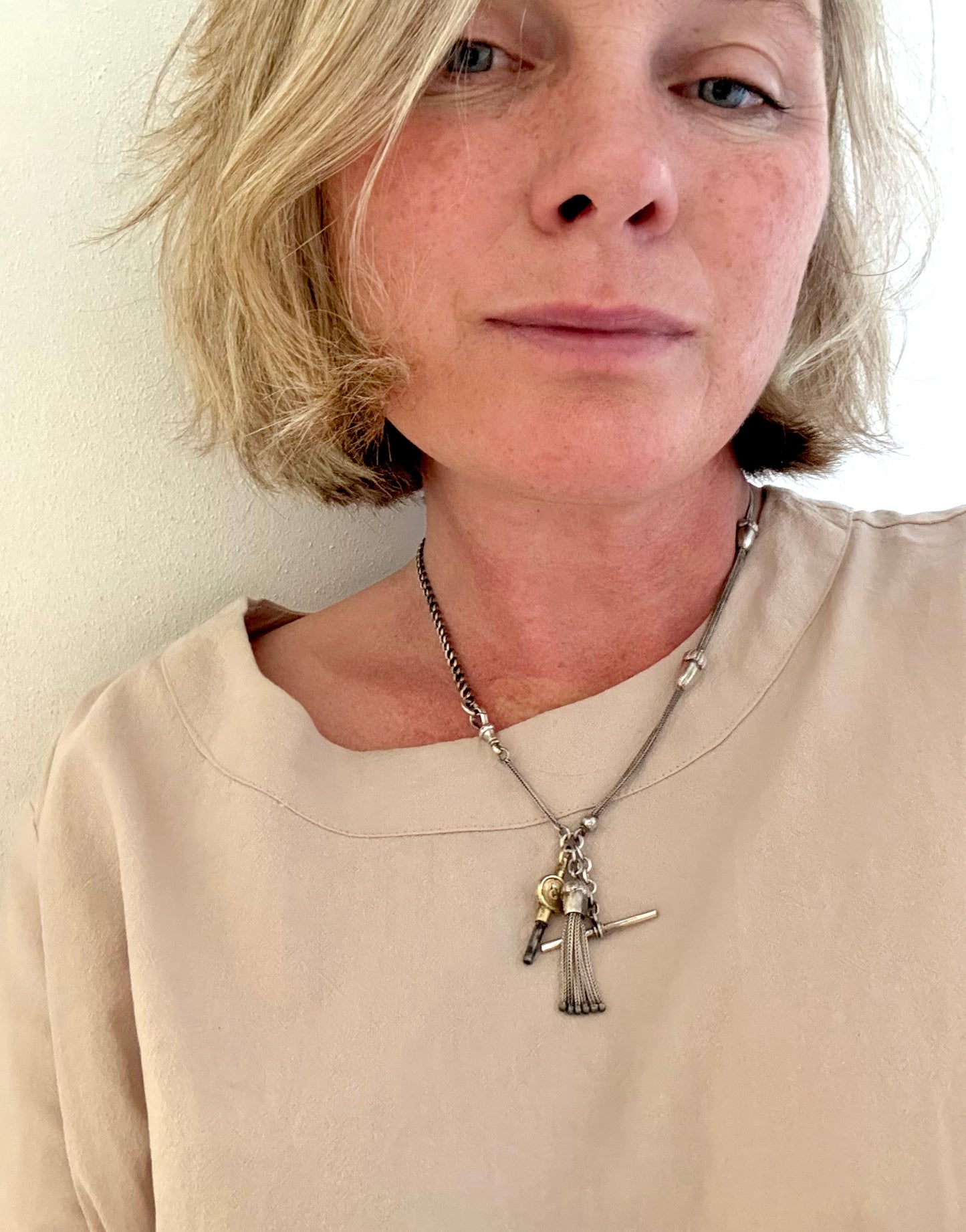 .1890s .1910s .925 antique rare Belle Epoque fancy Acorn lucky token Albertina chain hallmark silver fob chain necklace with Etruscan revival tassel fob and brass watch winder key dangles