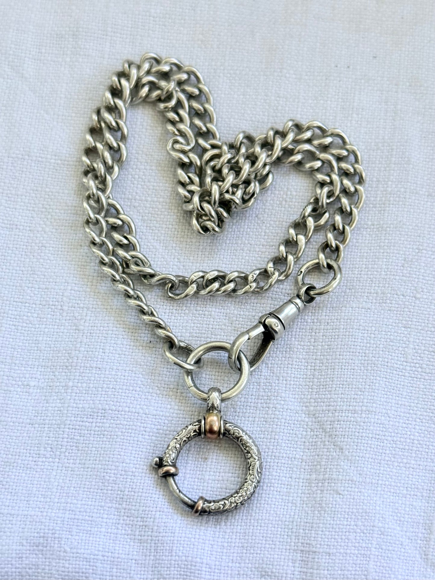 .1900s .1910s .900 .925 silver antique Edwardian solid sterling silver fob chain watch chain curb chain with rare fancy oversized bolt ring spring clasp