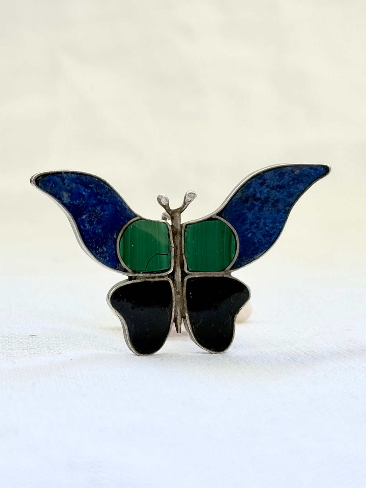 .1970s .1980s .925 South American Arts & Crafts Lapis Lazuli, Onyx, Malachite gemstone large butterfly brooch pendant treasure