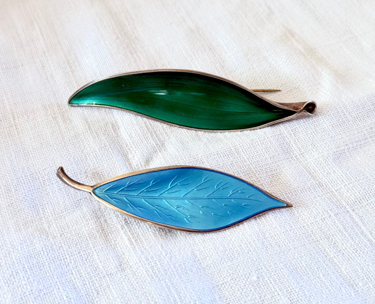 1950s .925 designer David Andersen fine sterling silver designer collectors sky blue enamel leaf brooch
