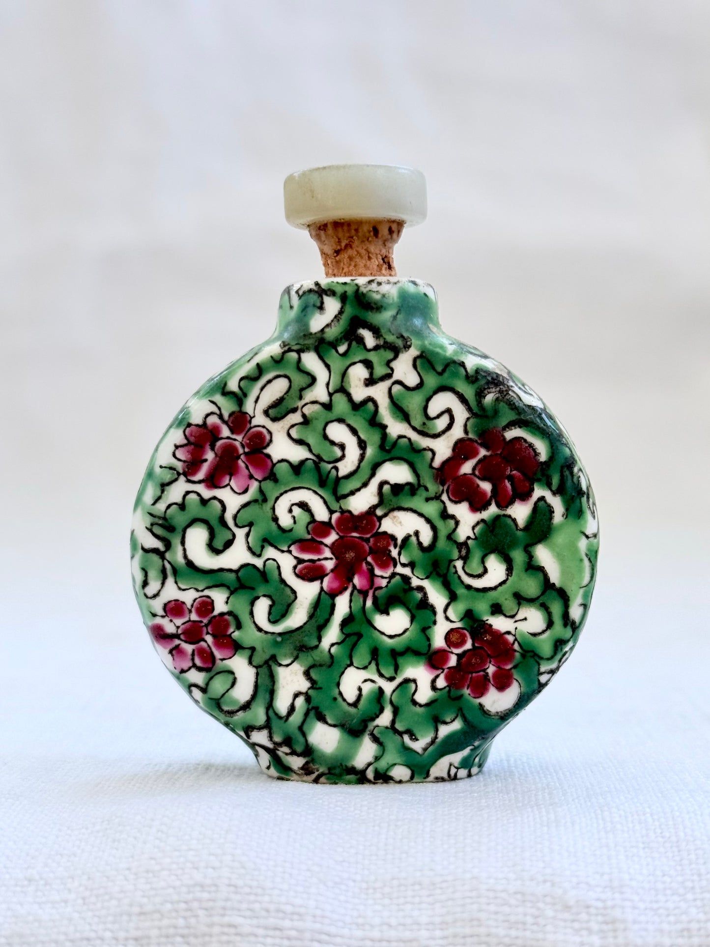 .1800s .1900s antique Chinese ceramic porcelain hand painted snuff bottle with Jade stone stopper