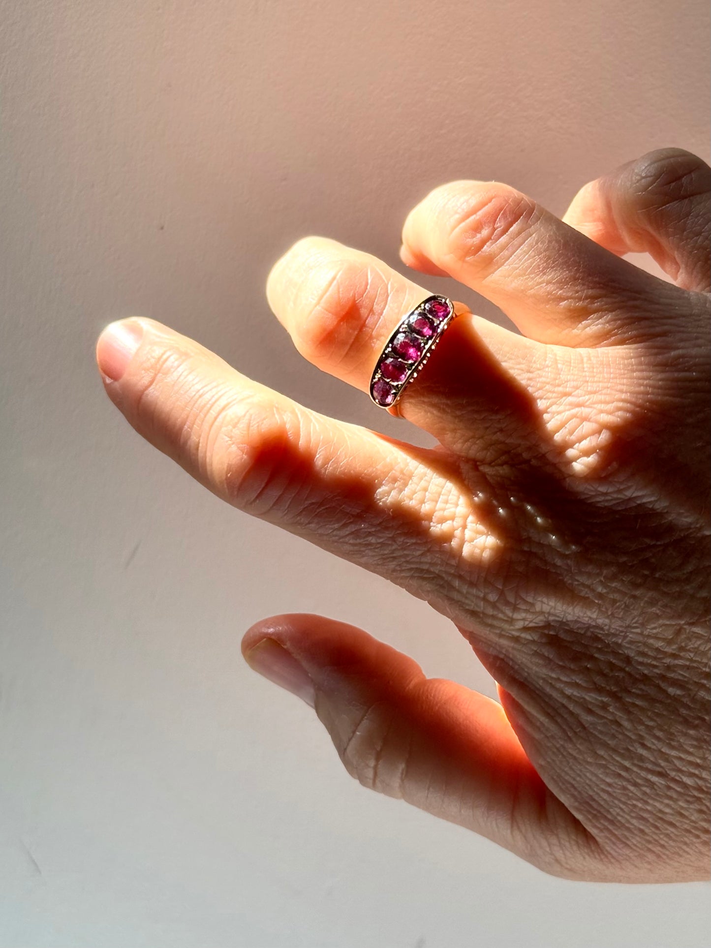 .14ct .1900s .1910s antique heirloom Pink Ruby 5 stone across Edwardian yellow gold half eternity boat ring dress ring