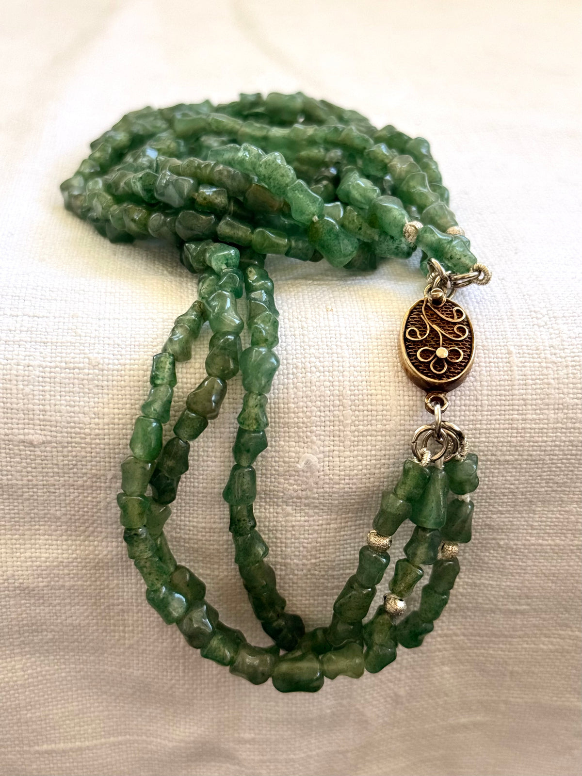.1920s .1930s .1940s Chinese Aventurine “old Jade” Multi strand hand carved silver bamboo link export silver box clasp collectors necklace