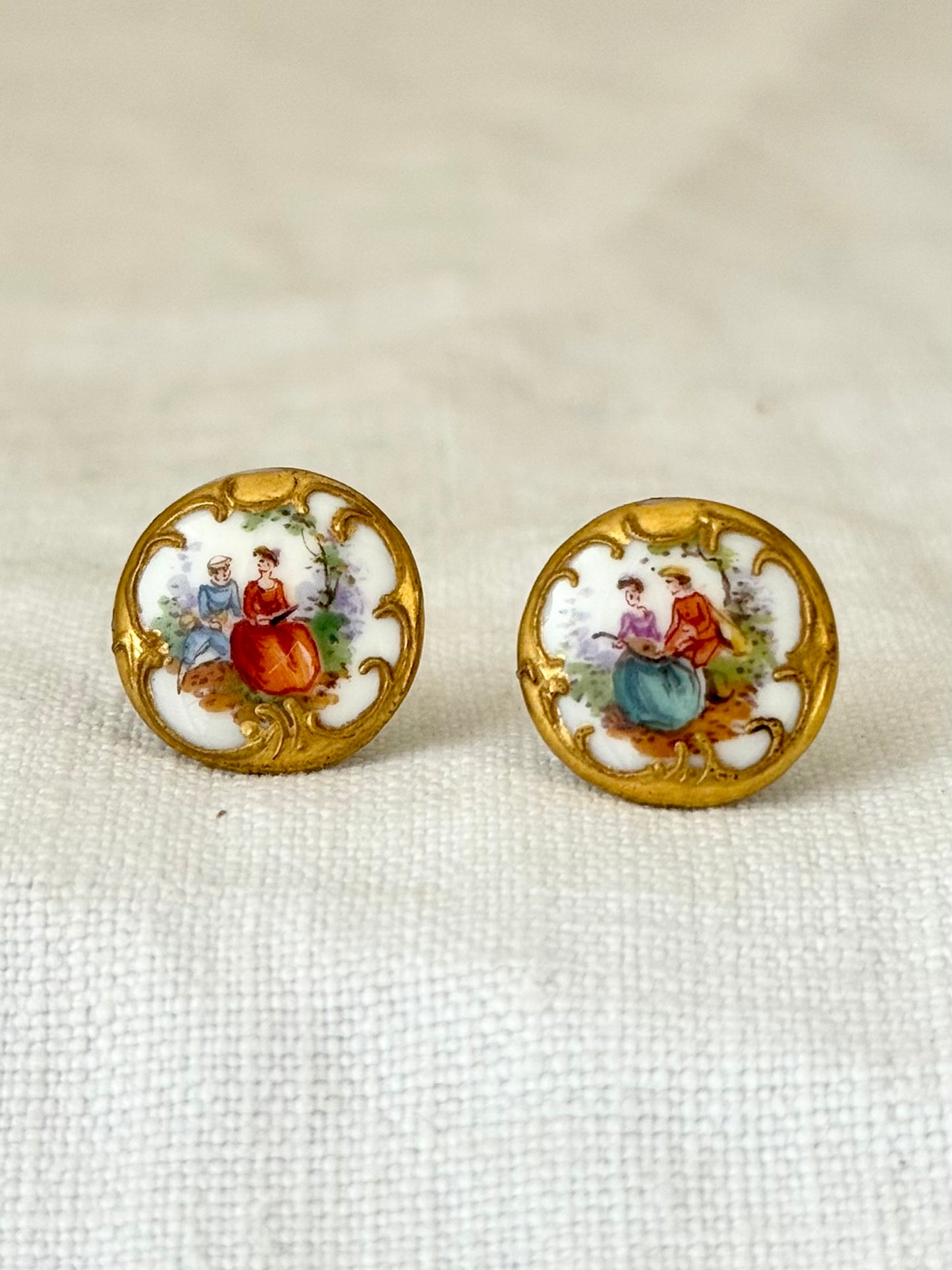 .1940s era Limoges hand painted romantic vintage porcelain button earrings