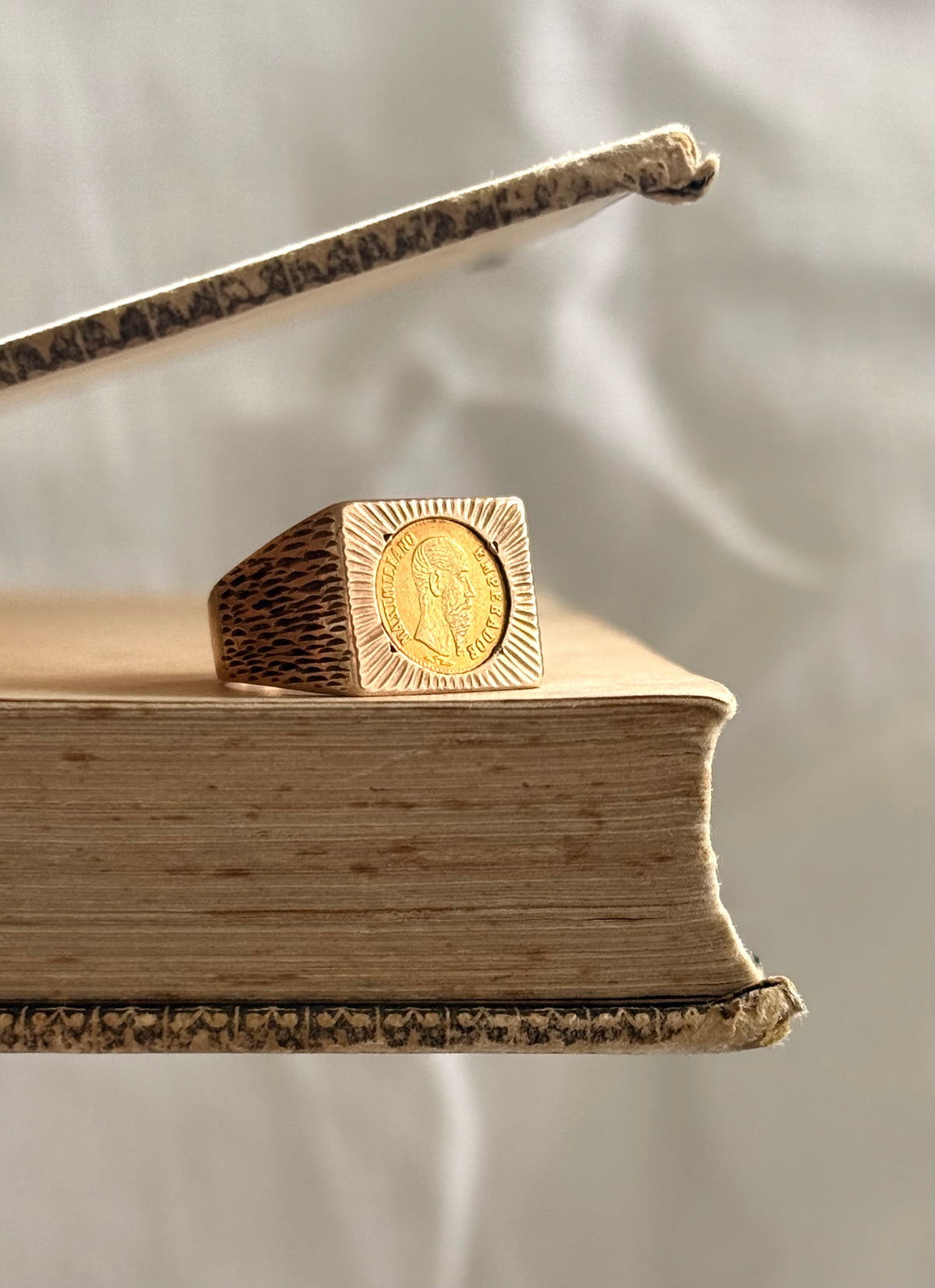 .1960s circa .1865 .375 .9ct gold modernist coin token ring with 22k Mexican circa 1865 high carat gold Emperor Maximiliano collectors coin token