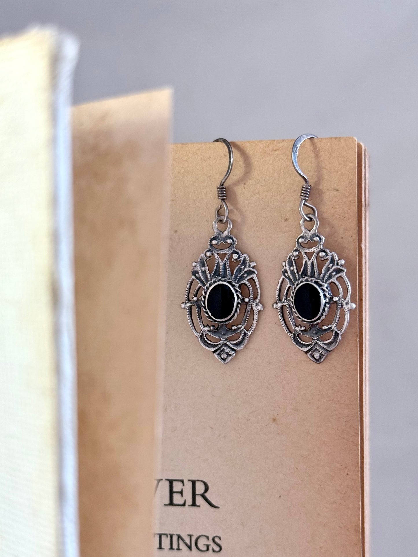 .925 boho filigree open work dangle onyx gemstone sterling silver romantic drop earrings