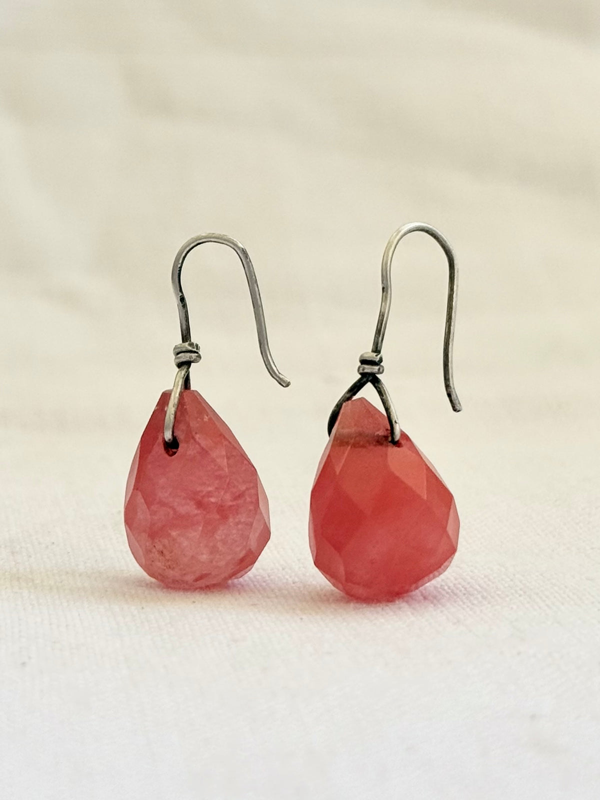 .925 Cherry Quartz gemstone Briolette teardrop silver artisan made boho drop dangle earrings