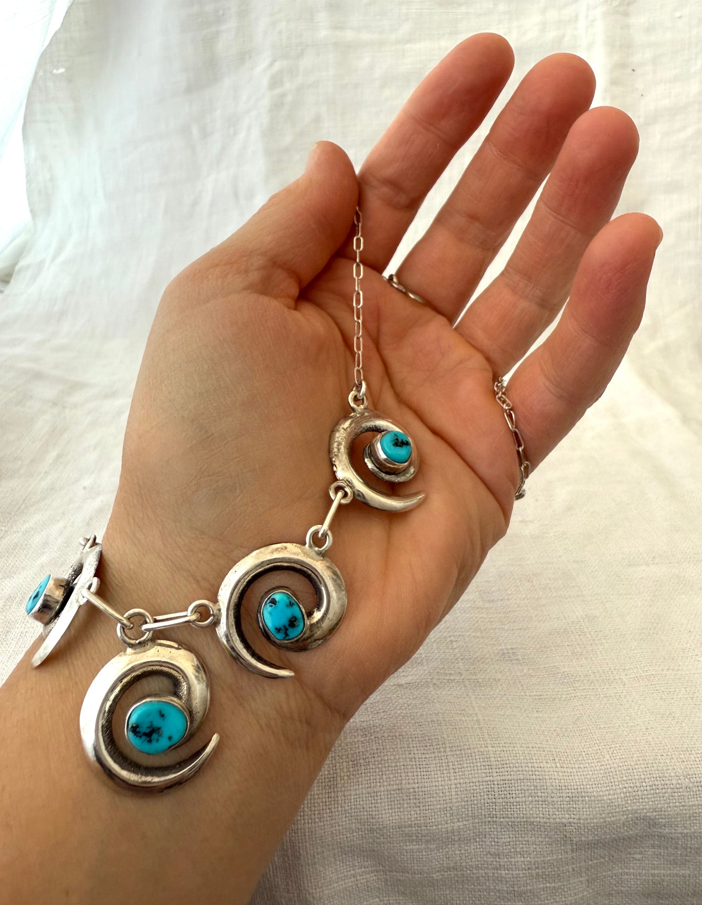.1970s .925 artisan made designer Navajo silversmith turquoise silver swirl pattern necklace and designer Mildred Parkhurst earring set