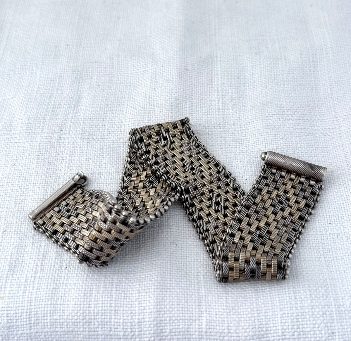 .1890s .1900s .925 antique Victorian fancy form gold fill and silver track mesh bracelet