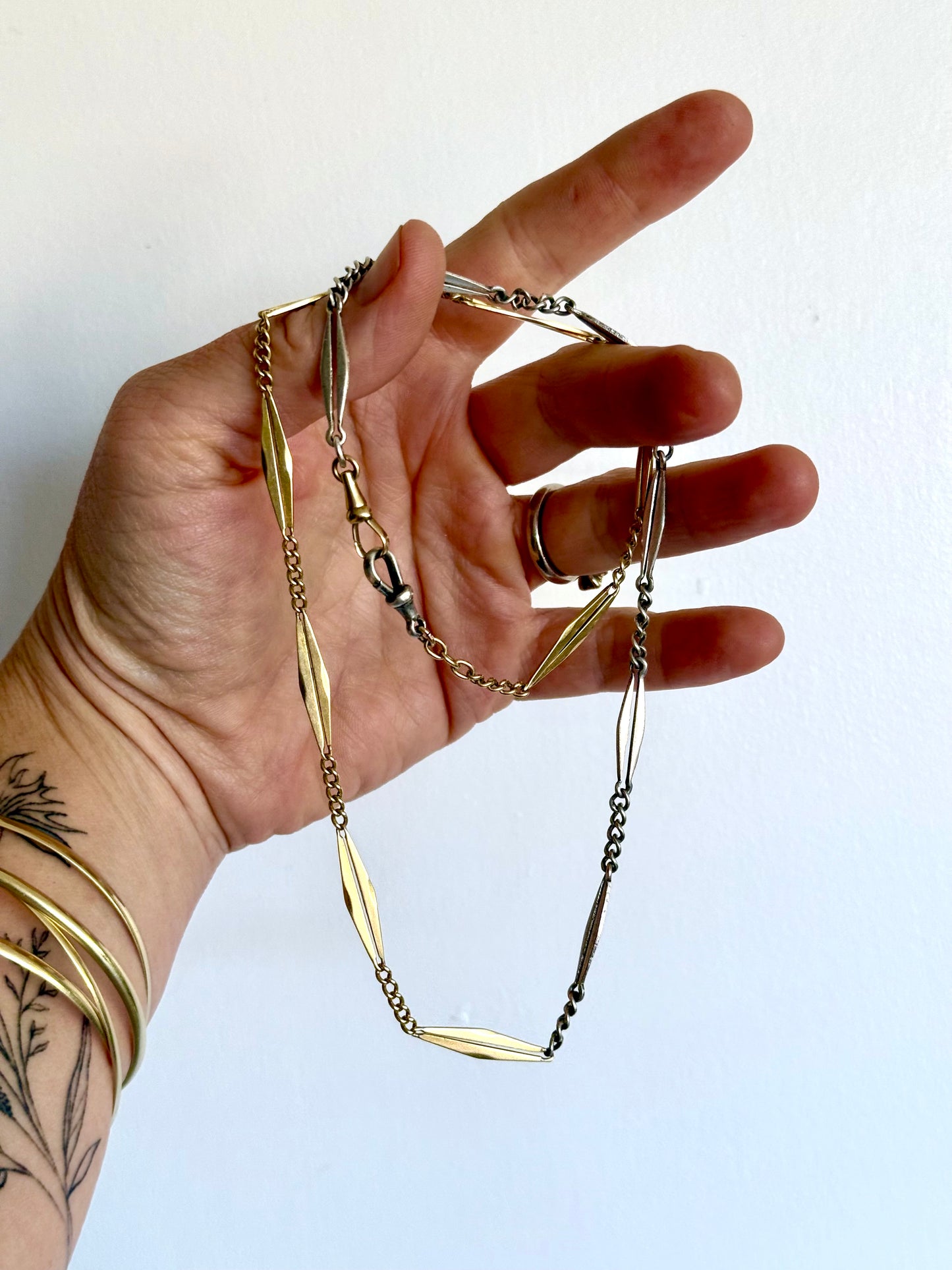 .18ct .1890s .1900s antique rare beautiful French yellow gold and silver Art Nouveau Belle Epoque era fancy link bevelled diamond link 750 gold and 925 silver chain link necklace