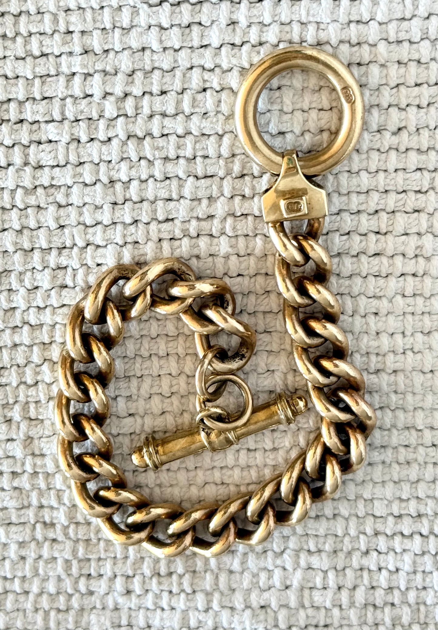 .375 .9ct yellow gold modernist chunky gold solid and heavy gold wide link t-bar toggle chunky fob chain curb bracelet