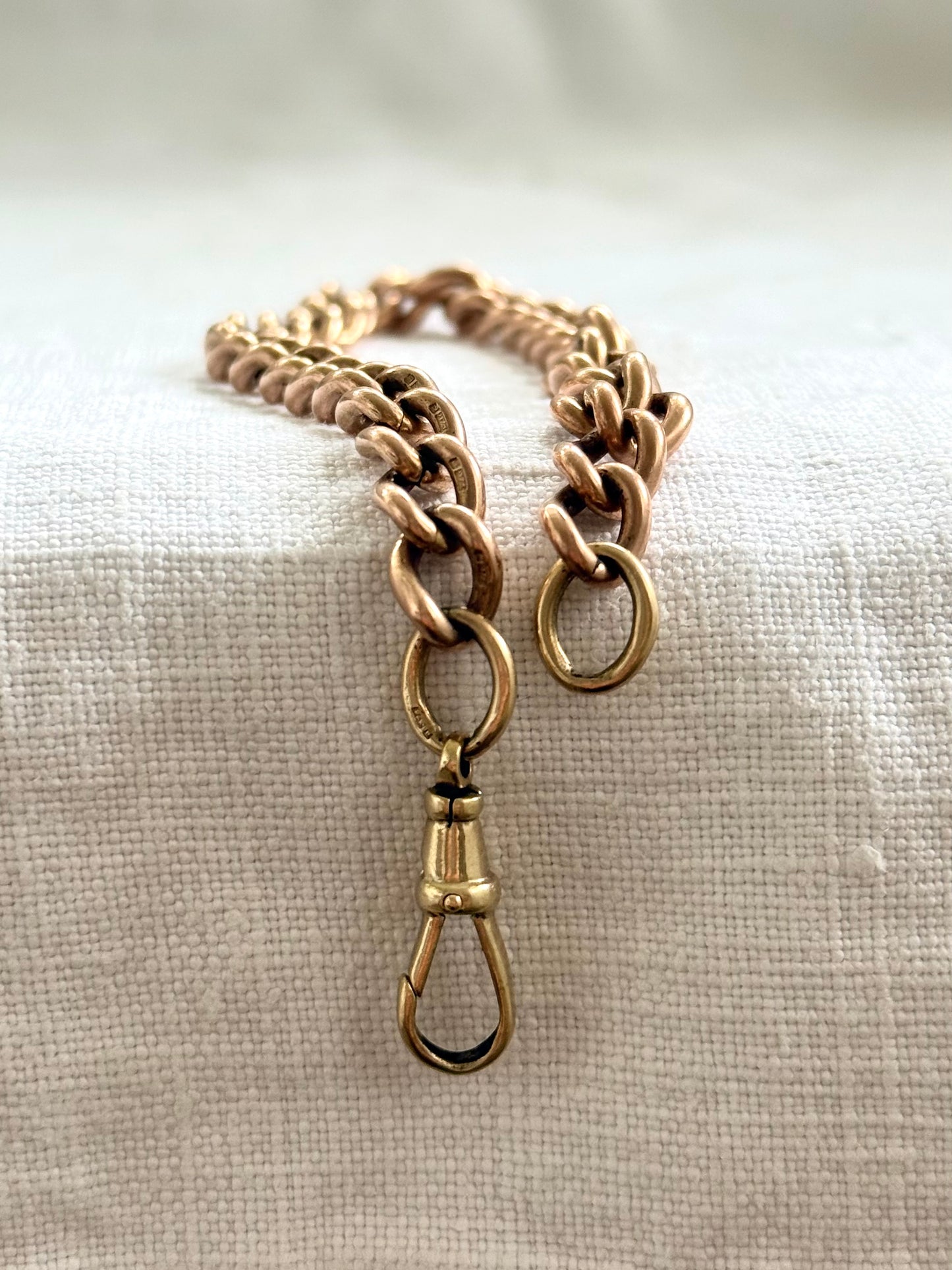 .375 .9ct solid rose gold heirloom English hallmarked 9ct gold fob chain curb chain bracelet extension link