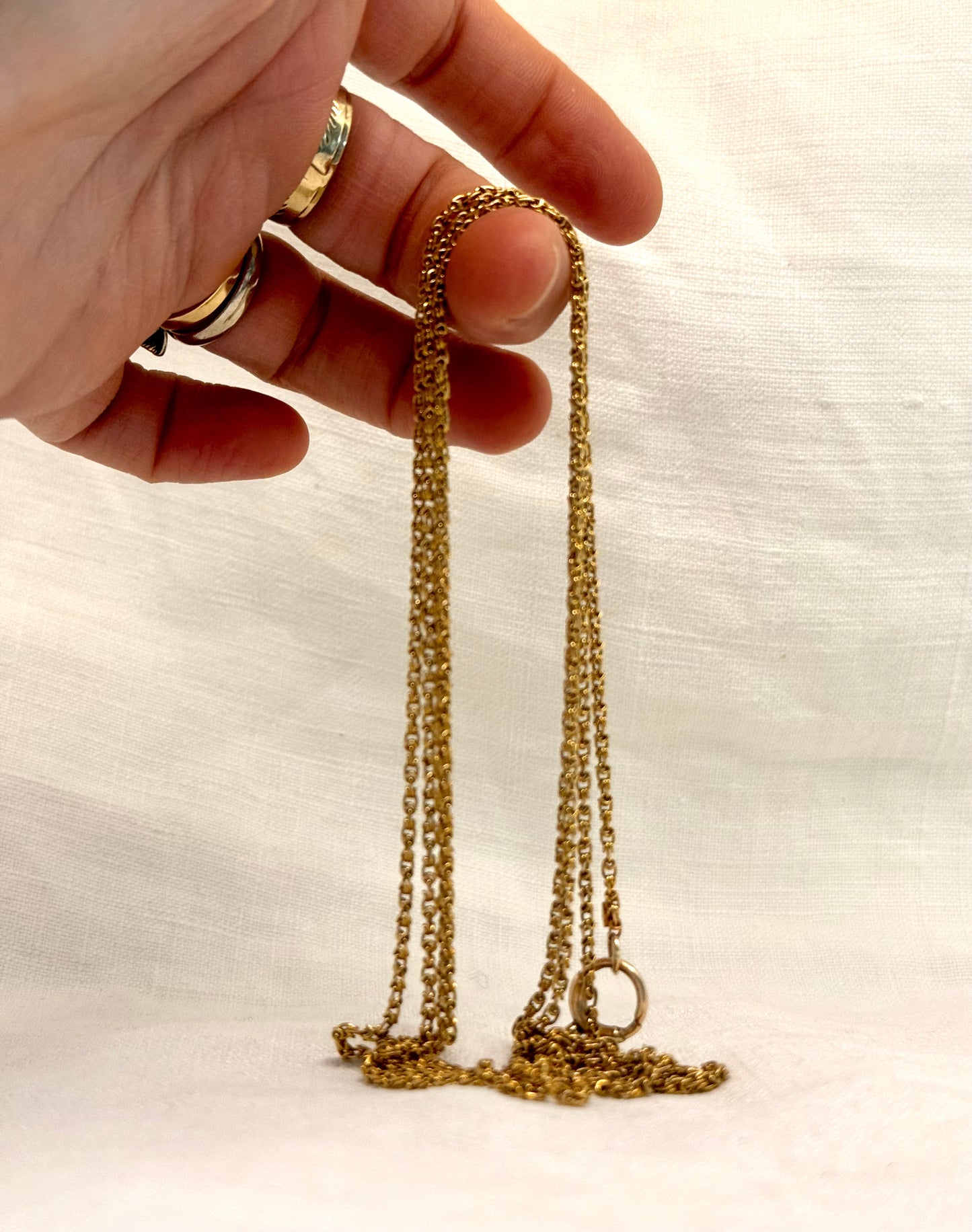 .146cm .1890s .1900s .9ct gold long antique rare and magnificent fancy link long chain guard muff chain longuard warm 9ct gold chain necklace
