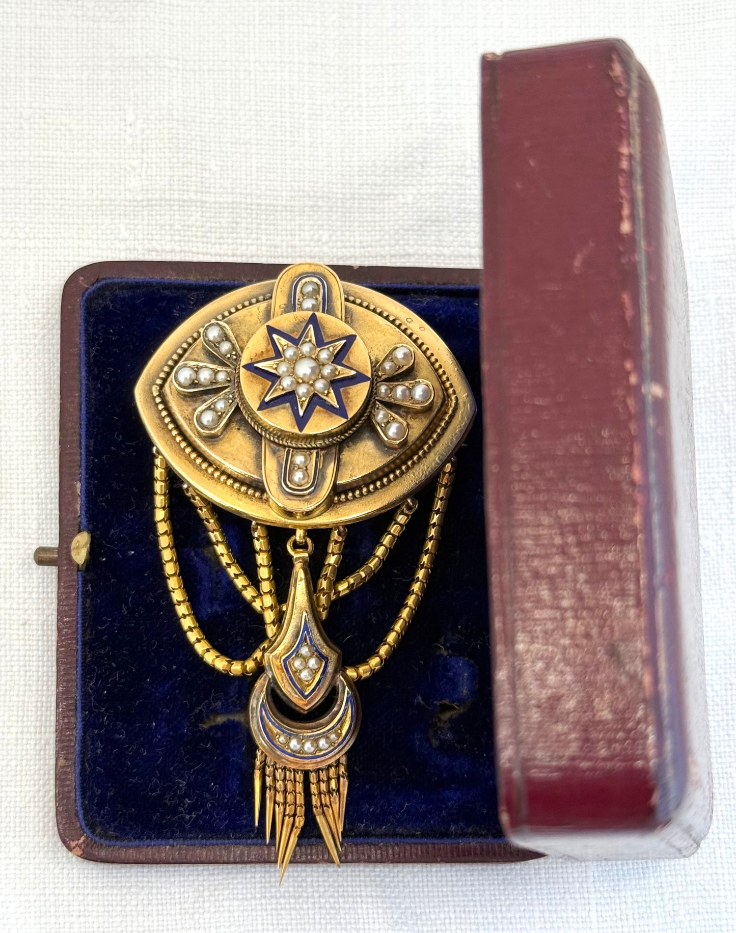 .1800s antique Etruscan revival high carat gold pearl royal blue enamel high carat gold tassel memorial Victorian rare heirloom navette shaped gold brooch