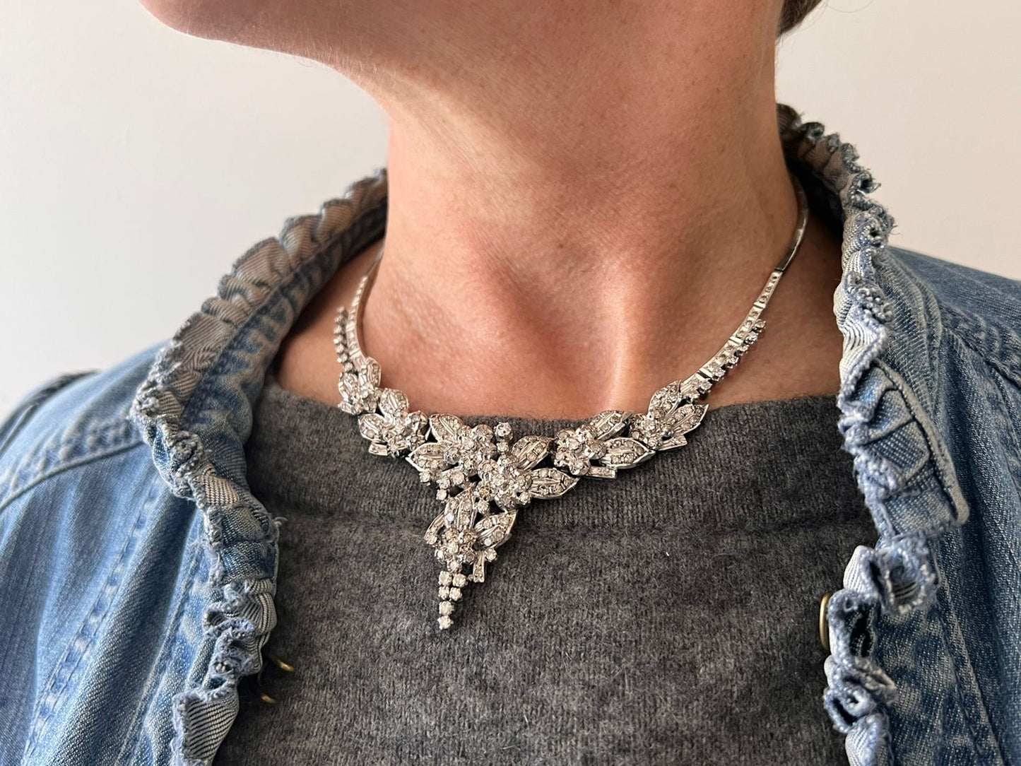 .165 diamonds .1920s 9 carat white gold diamond waterfall floral flower drop bib wedding bridal necklace