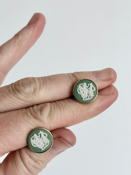 .1970s .375 .9ct gold Wedgwood green Jasperware Three Graces dancing Grecian ladies Cameo ceramic post stud earrings