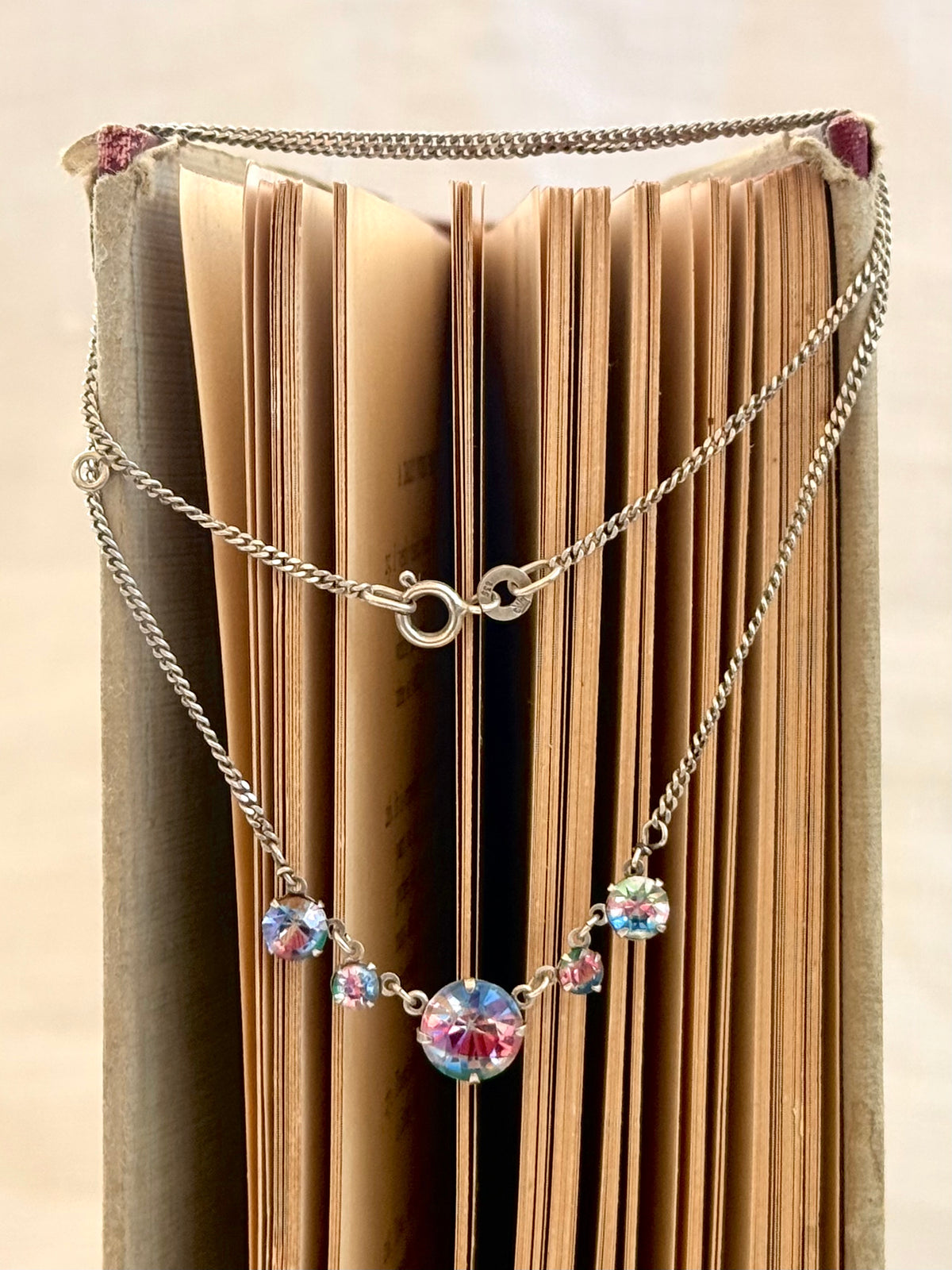 .1920s .1930s Art Deco Iris Glass Riviera .835 silver chain necklace