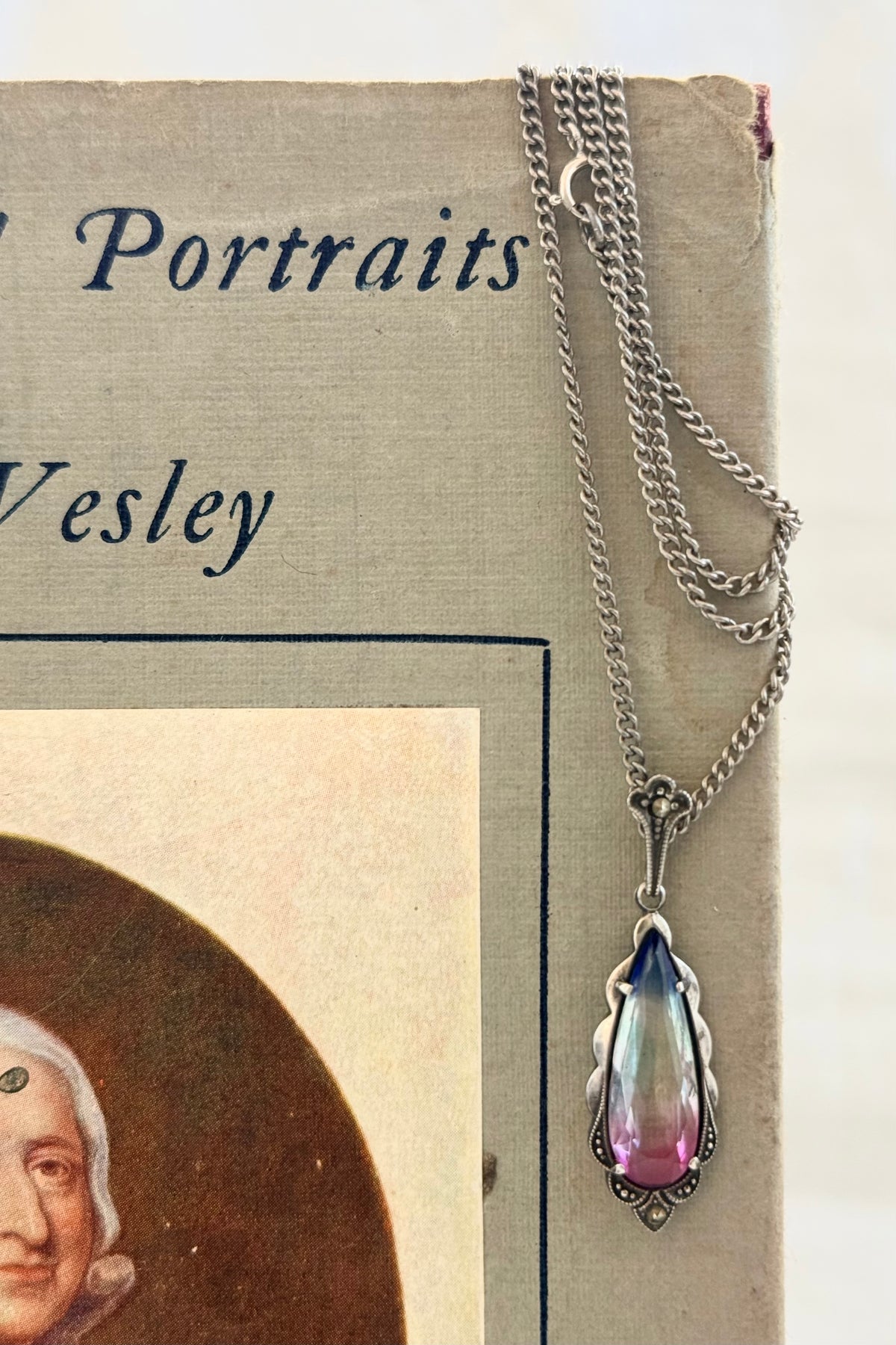 .1920s .1930s .830 silver Art Deco Iris Glass marcasite gemstone pendant on chain