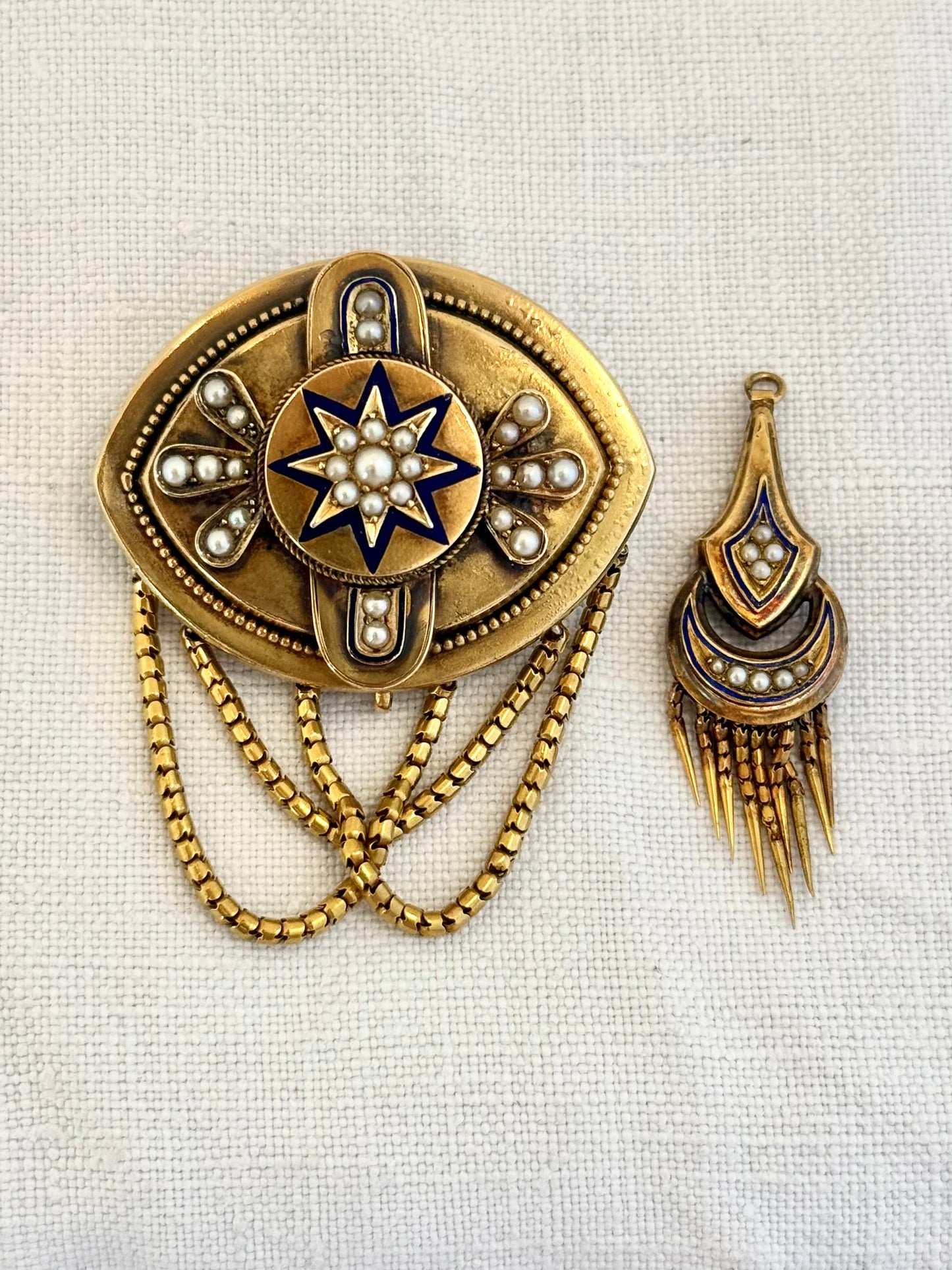 .1800s antique Etruscan revival high carat gold pearl royal blue enamel high carat gold tassel memorial Victorian rare heirloom navette shaped gold brooch