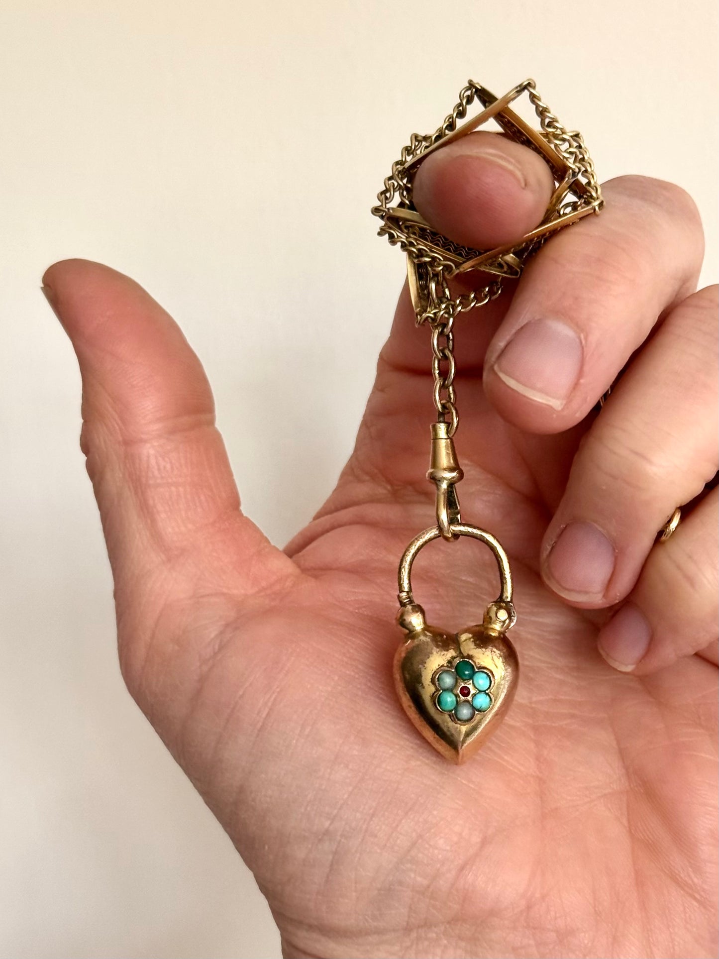 .1800s .1860s antique Georgian to Victorian era collectors heavy Gold fill large puffy heart antique gemstone padlock clasp pendant