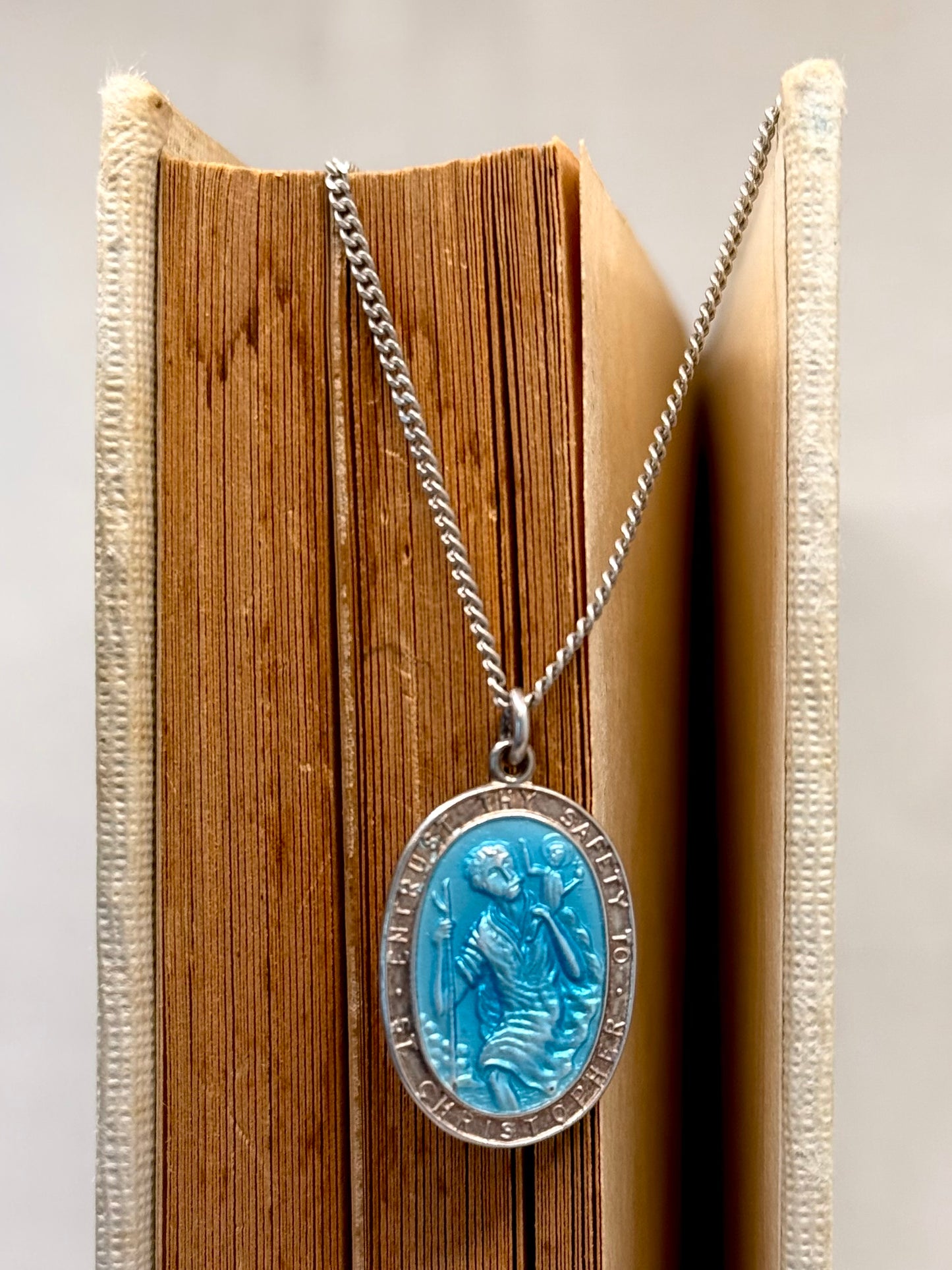 .1970s .925 Georg Jensen designer blue enamel Saint Christopher vintage religious treasured sterling silver token pendant
