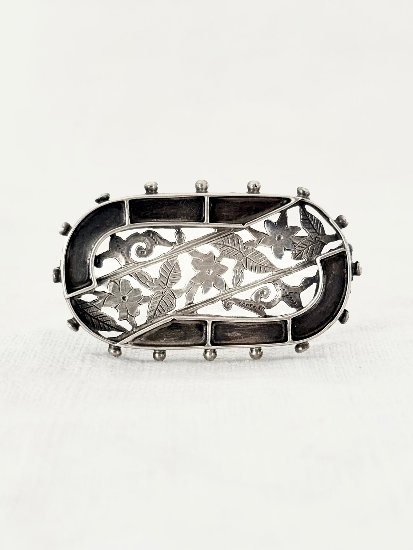 .1800s .1880s .925 Etruscan revival Victorian sterling silver floral sentimental sweetheart brooch