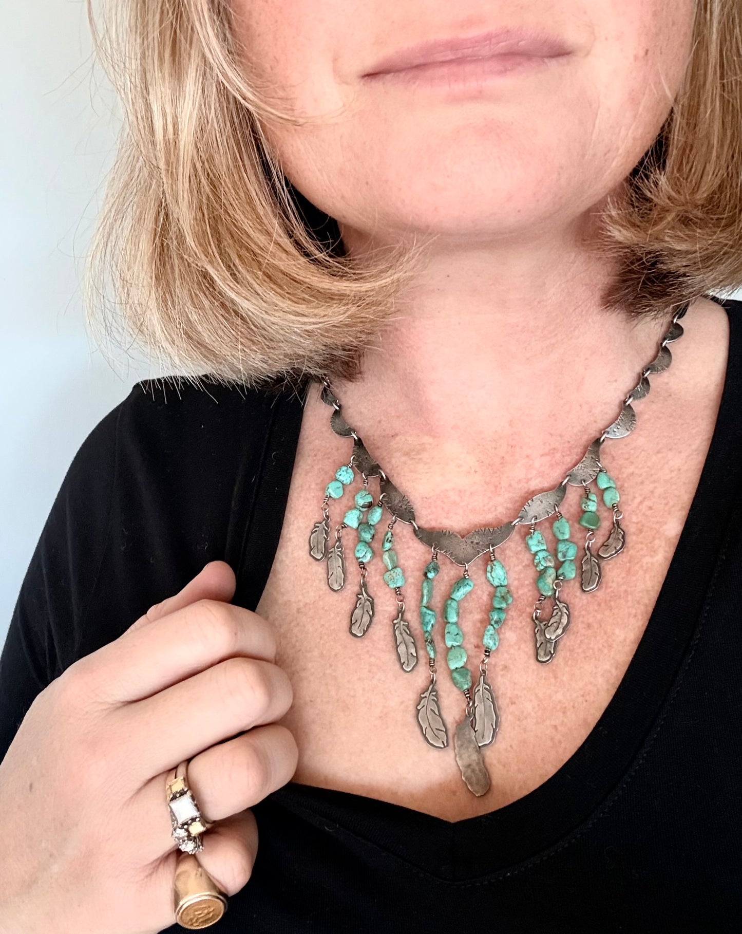 .925 artisan vintage Navajo silver feather traditional collectable collectors cascade necklace
