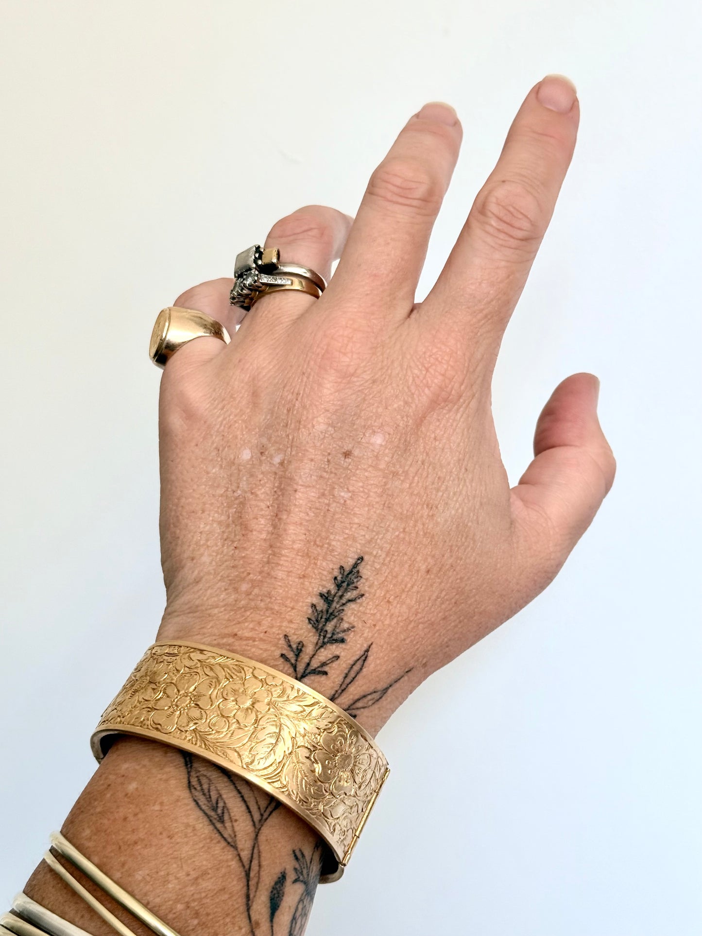 .1900s .1940s Victorian revival Dog Rose floral flower hand engraved gold plated brass romantic clasp bangle