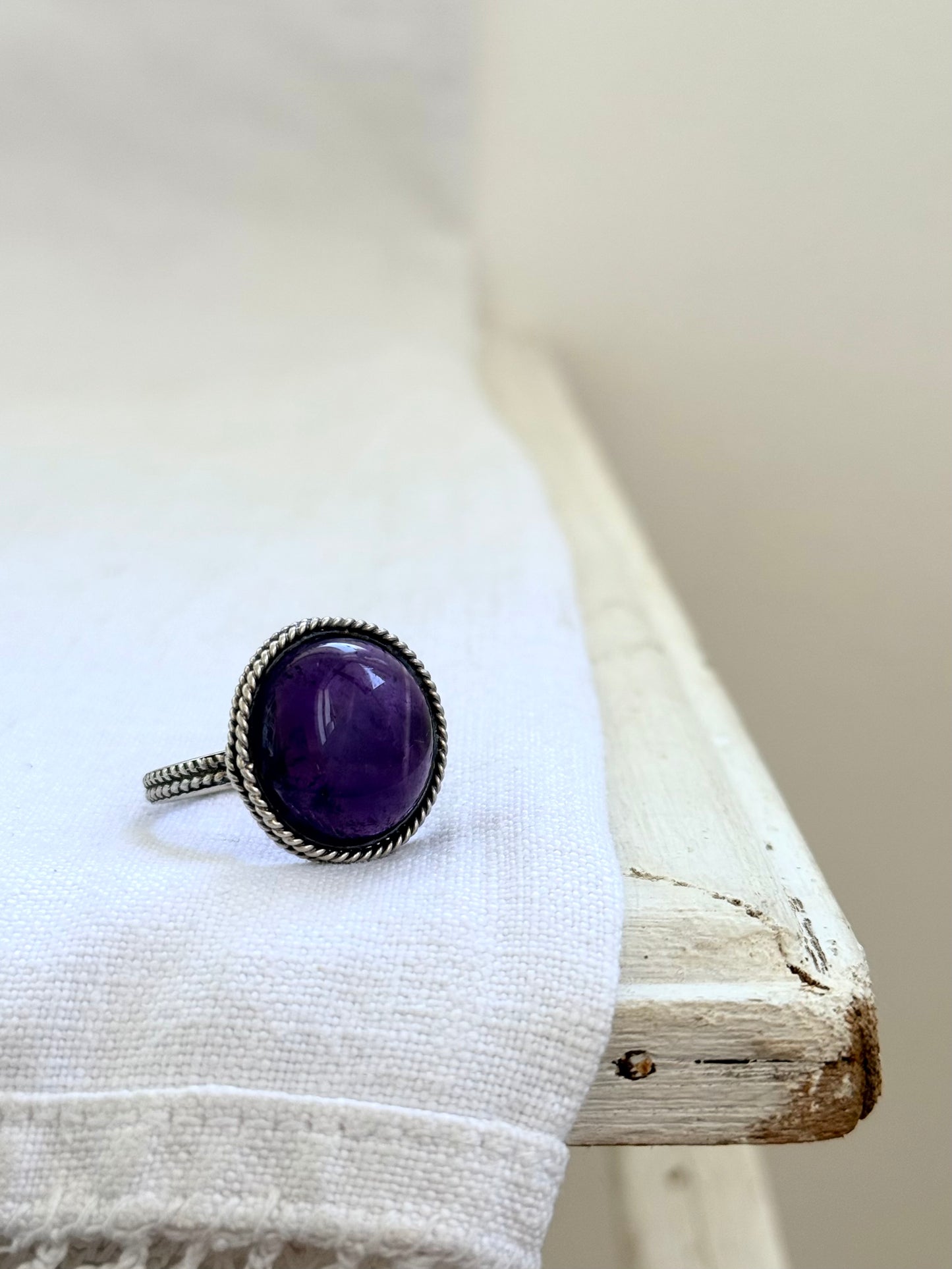 .925 Amethyst cabochon artisan made February birthstone hand crafted large traditional silver craftsman sterling silver statement ring