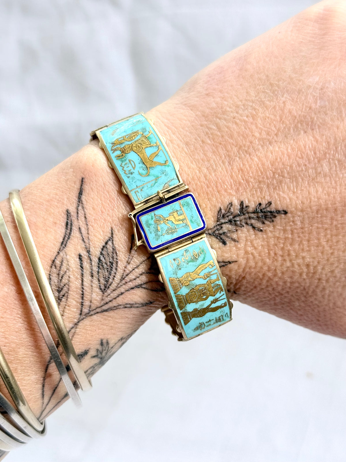 .1920s .935 Egyptian silver rare desired Egyptian revival gold gilded turquoise enamel 6 panel pictorial Pharaoh Egyptology enamel silver gold bracelet