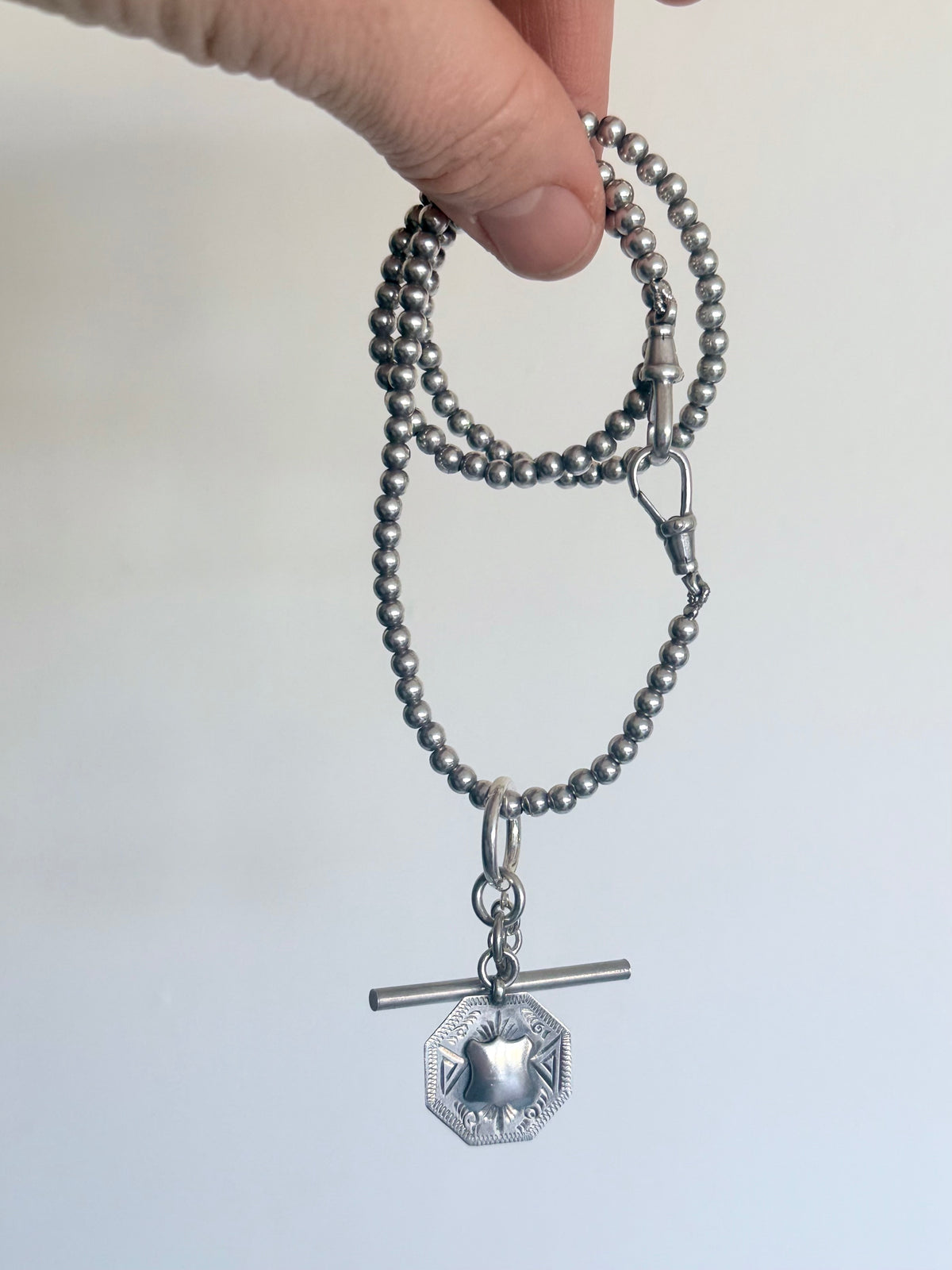 .925 antique revival modernist sterling silver bead chain fob chain t-bar medallion toggle chain necklace