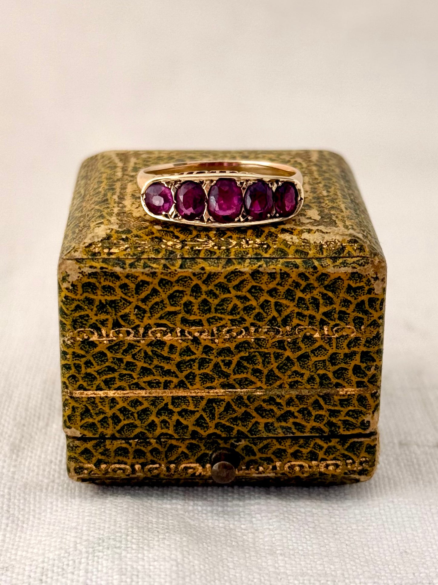 .14ct .1900s .1910s antique heirloom Pink Ruby 5 stone across Edwardian yellow gold half eternity boat ring dress ring