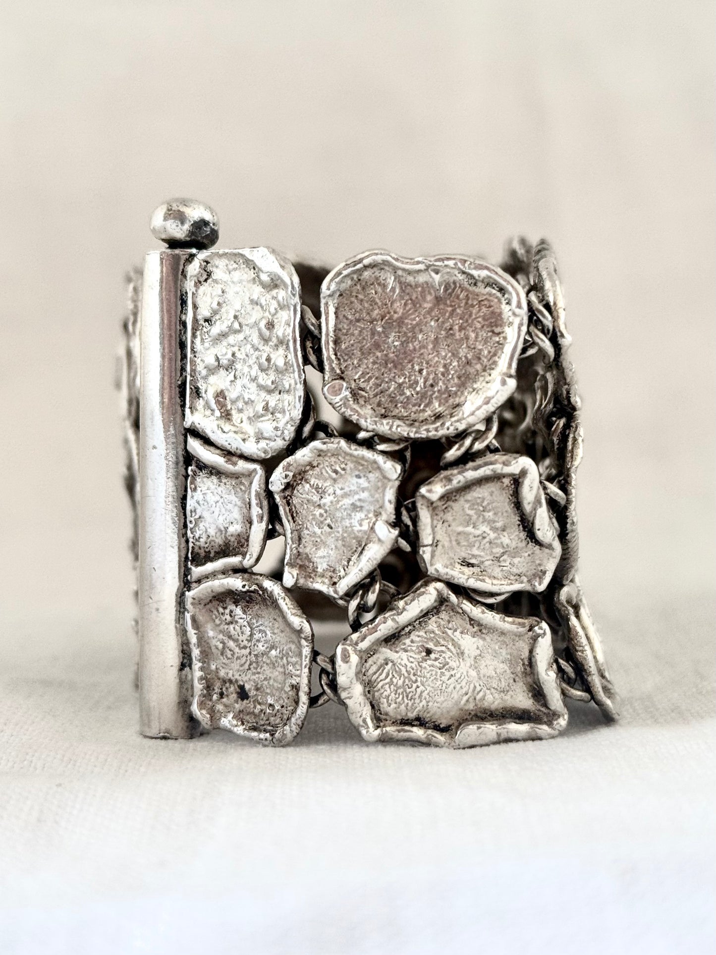 .1950s .925 Brutalist Modernist chunky silver hand made free form wide solid silver accent panel bracelet