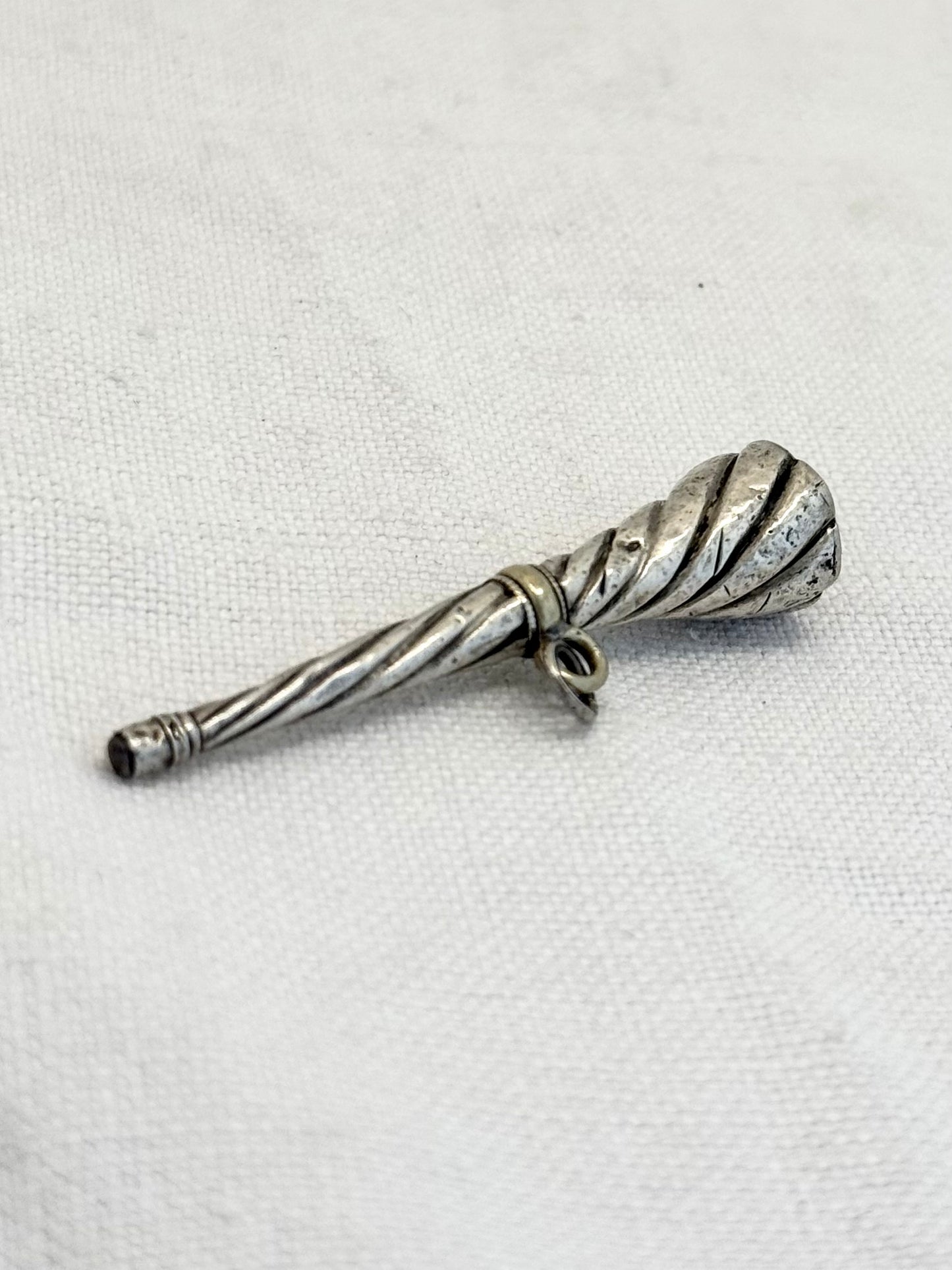 .1880s .1890s antique banded agate silver watch winder key Trumpet Shape horn of plenty Cornucopia pendant with banded Black Agate Gemstone accent