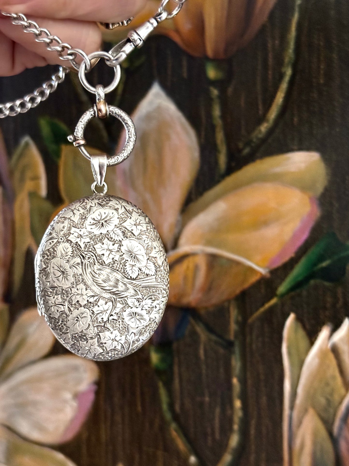 .1880s .1890s .925 large Victorian Aesthetic deep engraved Swallow and floral detailed antique French sterling silver locket