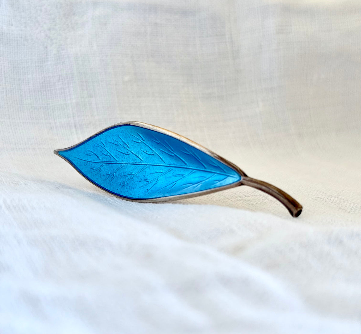 1950s .925 designer David Andersen fine sterling silver designer collectors sky blue enamel leaf brooch