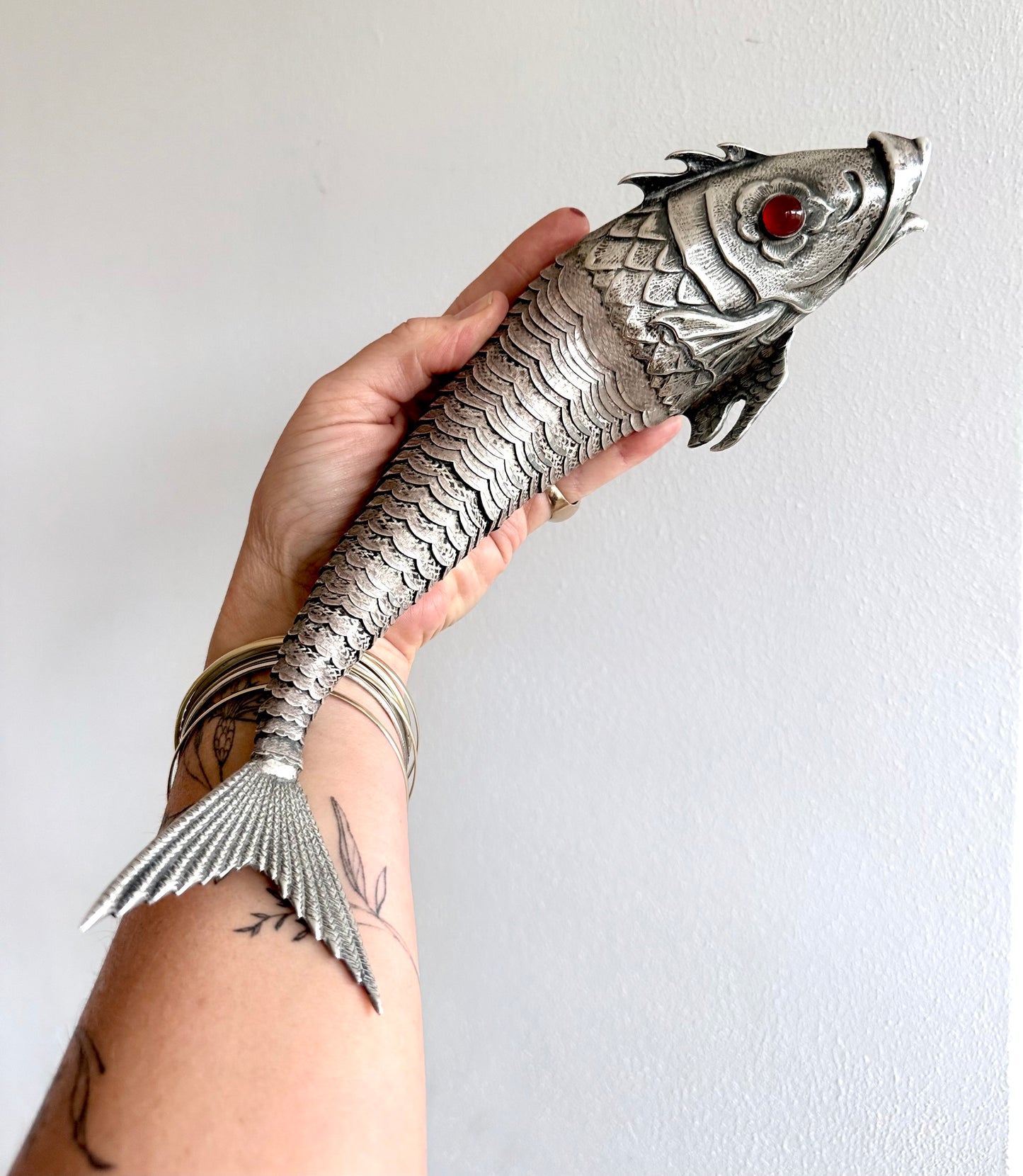 .1940s .915 articulated life sized hand made solid Spanish silver Large and magnificent artisan made Carb Fish rare treasured silver figural art statue