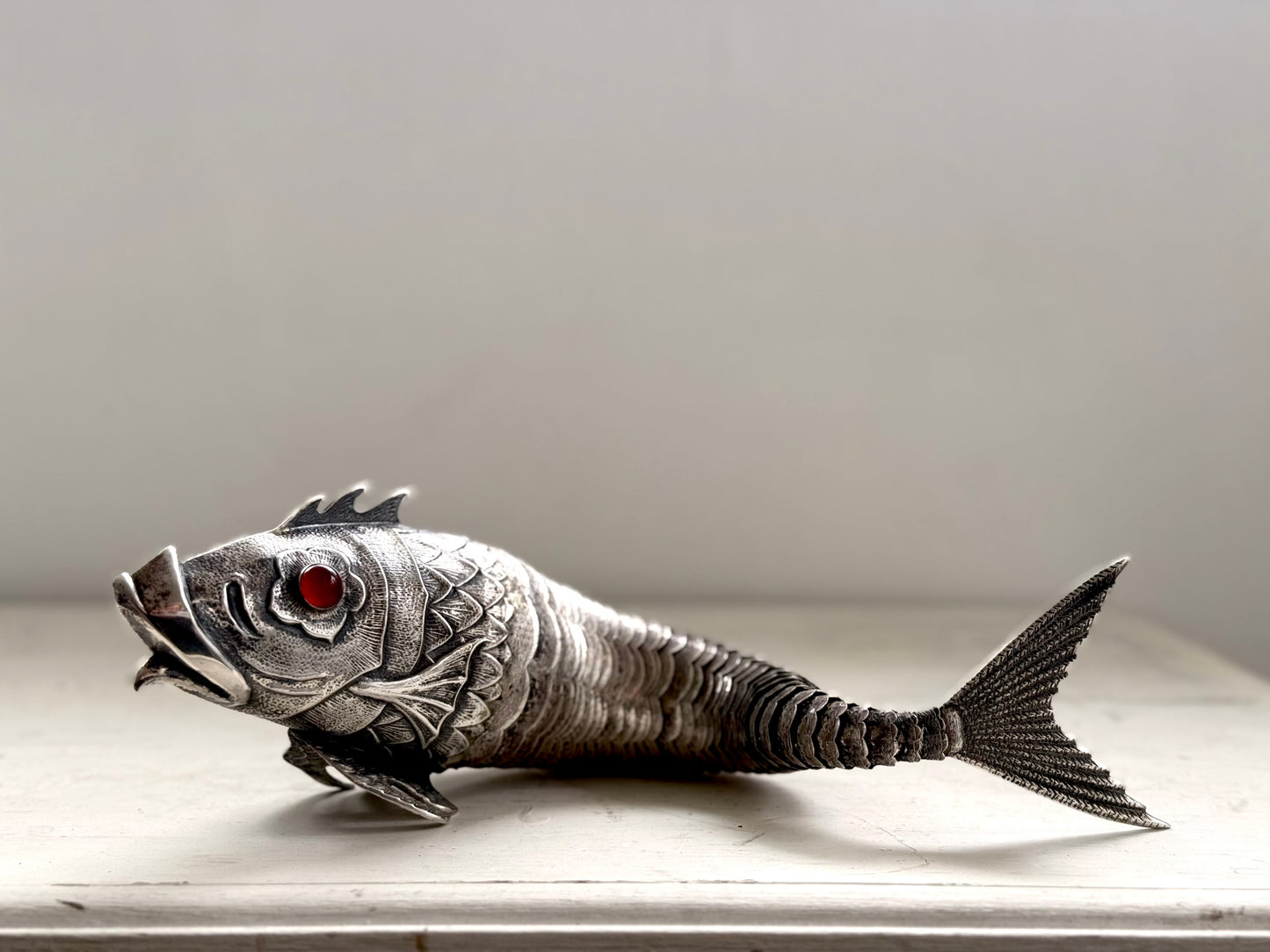 .1940s .915 articulated life sized hand made solid Spanish silver Large and magnificent artisan made Carb Fish rare treasured silver figural art statue