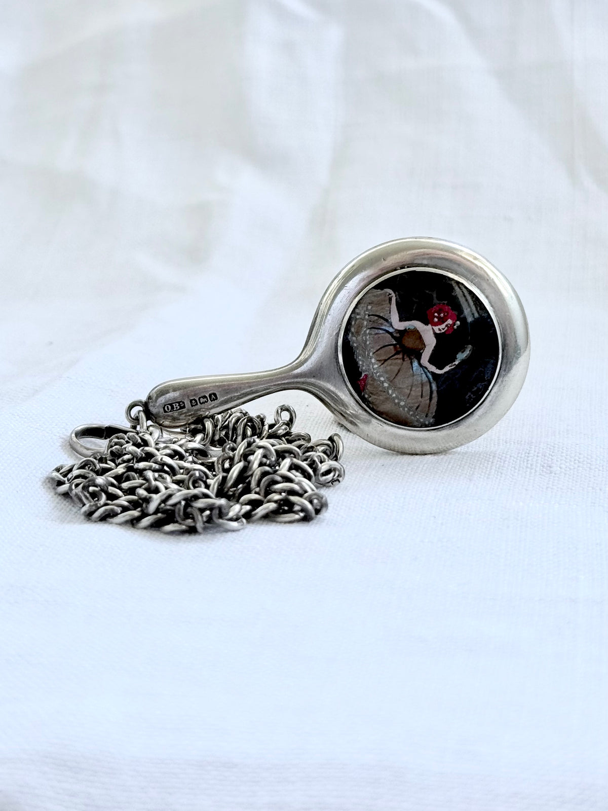 .1925 .925 antique Art Deco sterling silver mini chatelaine mirror hand painted butterfly wing miniature art micro chatelaine silver mirror pendant