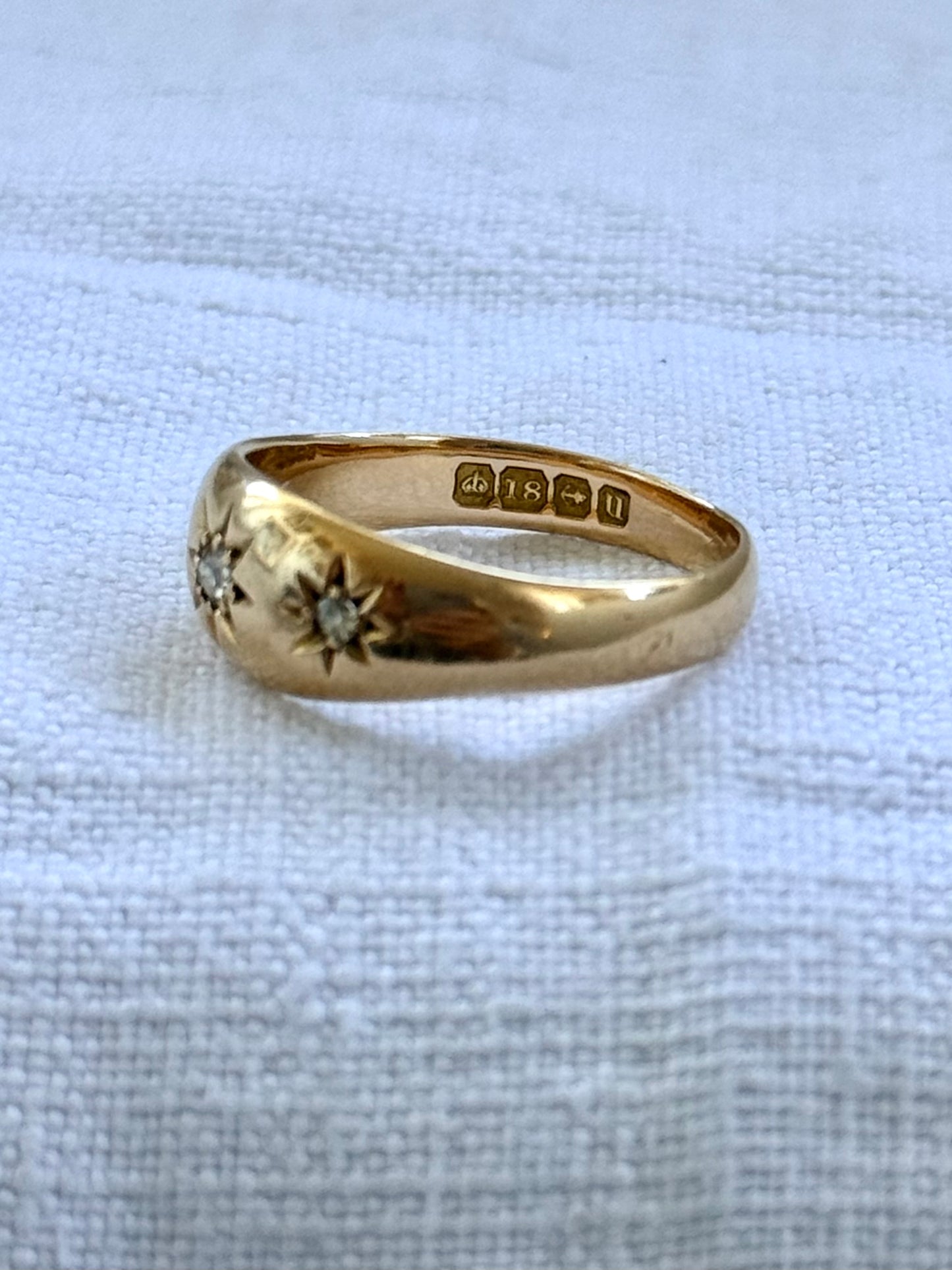 .1894 .18ct .3 diamond Birmingham circa 1894 fancy three star starburst diamond gypsy band high carat gold Victorian engagement wedding commitment ring
