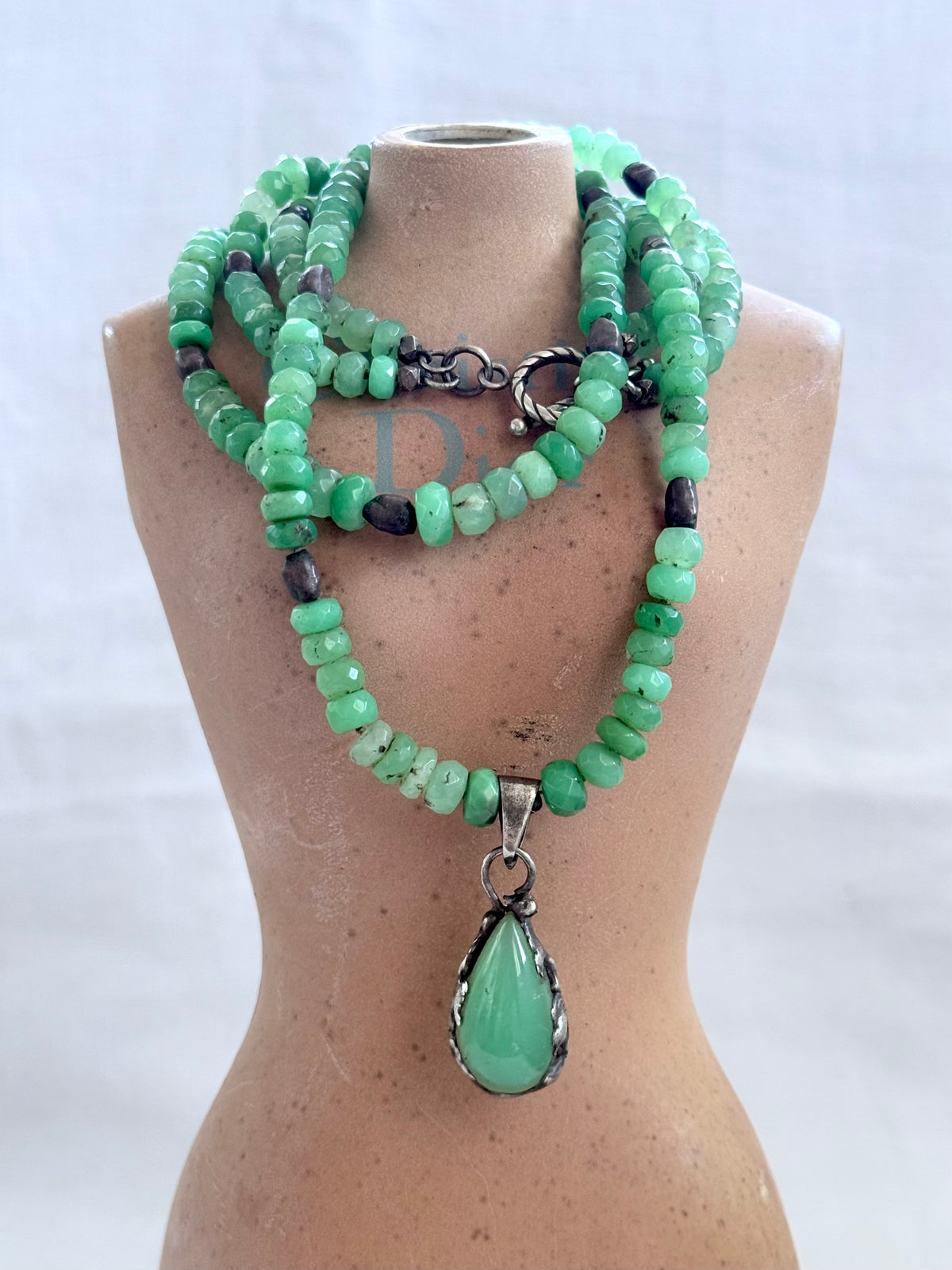 .925 boho Chrysoprase green hand faceted double gemstone necklace
