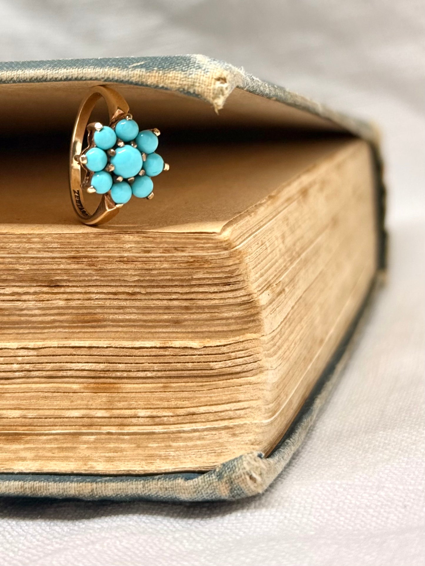 .375 .9ct gold cluster turquoise flower classic precious gemstone gold ring