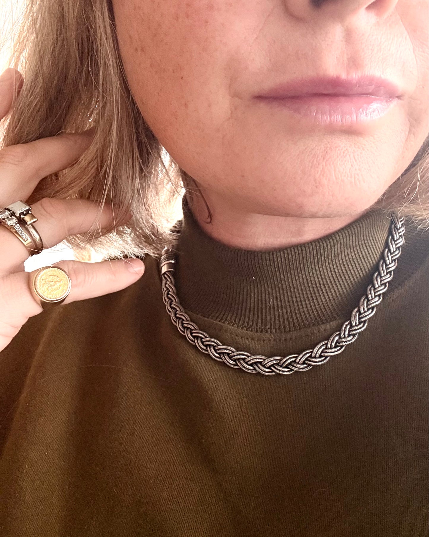 .1960s .1980s Indian Rajasthan sterling silver artisan tribal braided rope weave collectors necklace