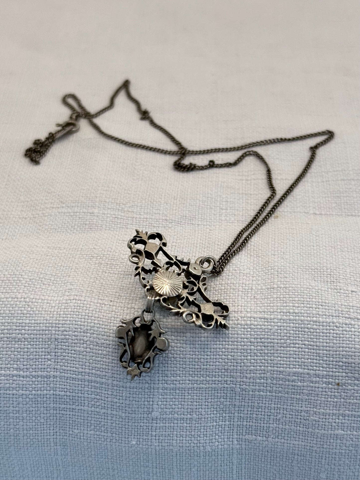 .1800s Antique Austro-Hungarian rare Garnet and Chrysoprase gemstone collectors treasure Victorian era silver lavaliere fancy filigree pendant