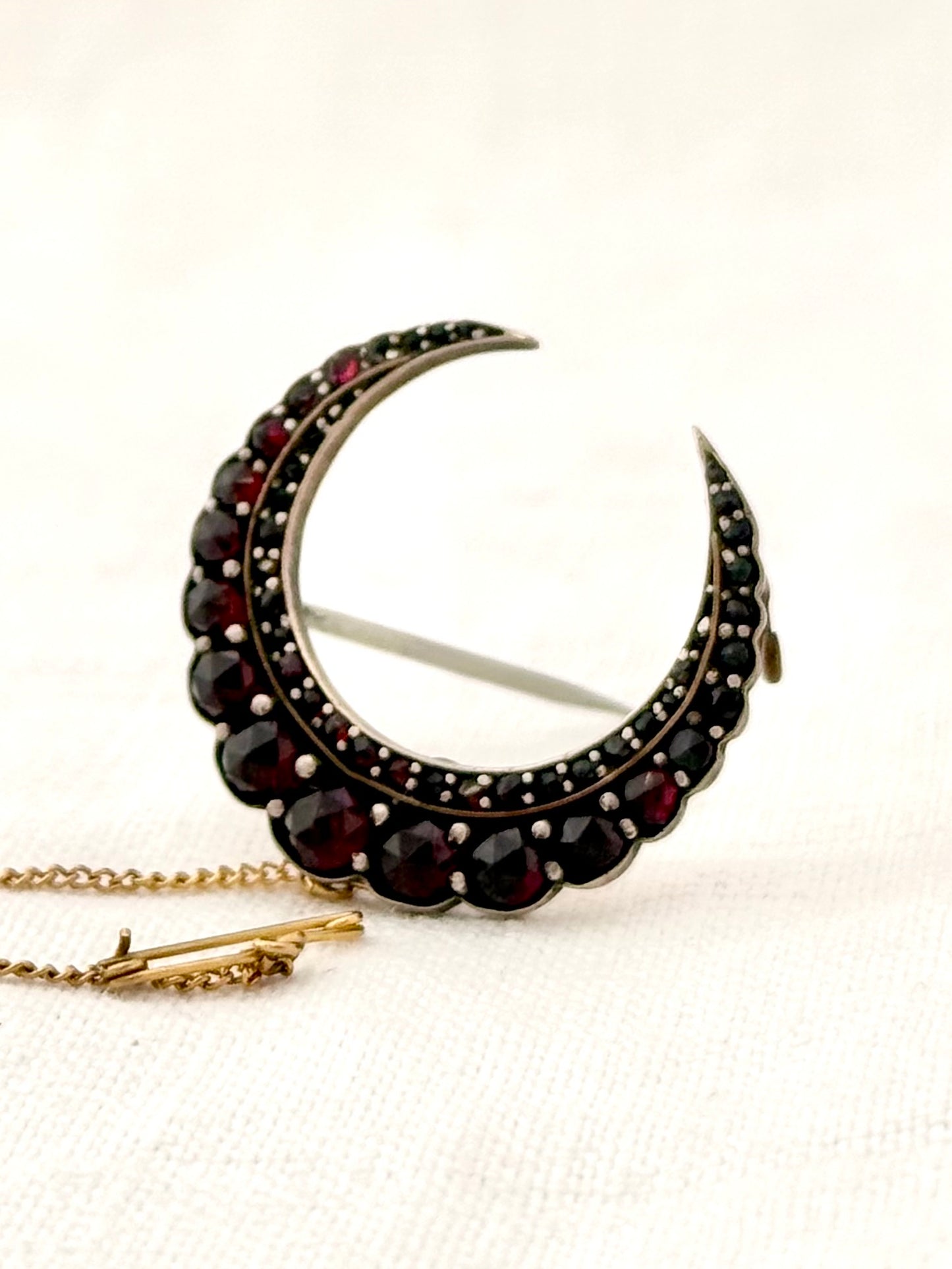 .1880s .1890s antique fine Bohemian Garnet gemstone set crescent celestial moon collectors silver gold brooch
