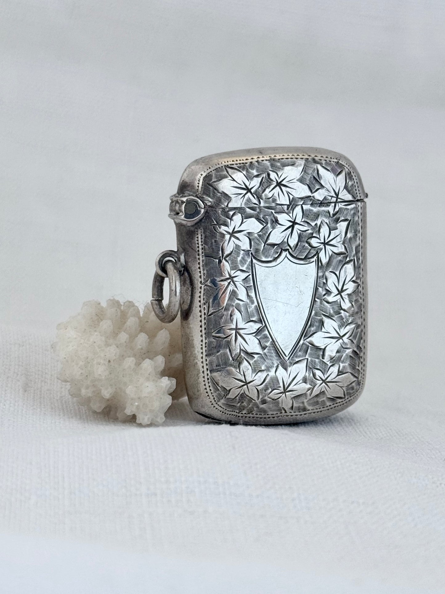 .1901 .925 antique Birmingham silver hallmarked Edwardian ivy leaf sterling silver Vesta Match case Match safe pendant locket